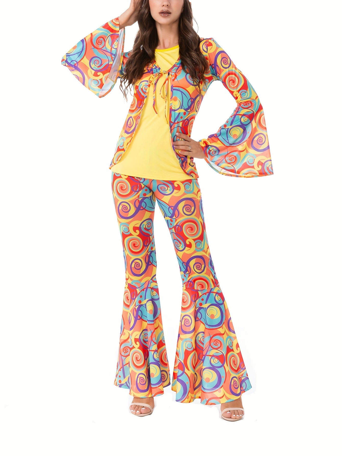 Vibrant Abstract Print Hippie Chic Two-Piece Set - Tie Front Flared Sleeve Tops with Relaxed Fit & Flared Leg Long Length Pants Outfits - Unique Bohemian Women's Clothing for Summer, Casual, and Festival Occasions