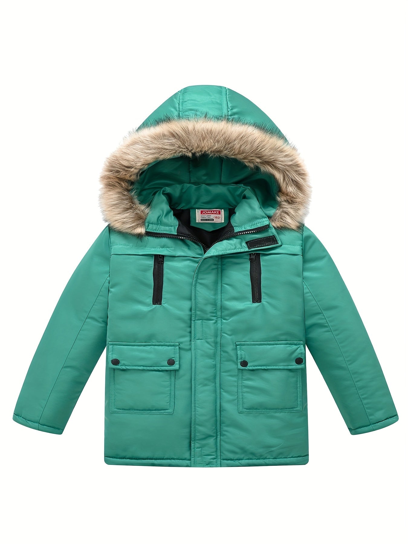 Teenagers Lapel Collar Winter Coat - Detachable Hood, Zipper Closure, Polyester Fabric, Regular Fit, Hand Washable - Solid Color, Casual Style, Woven Construction