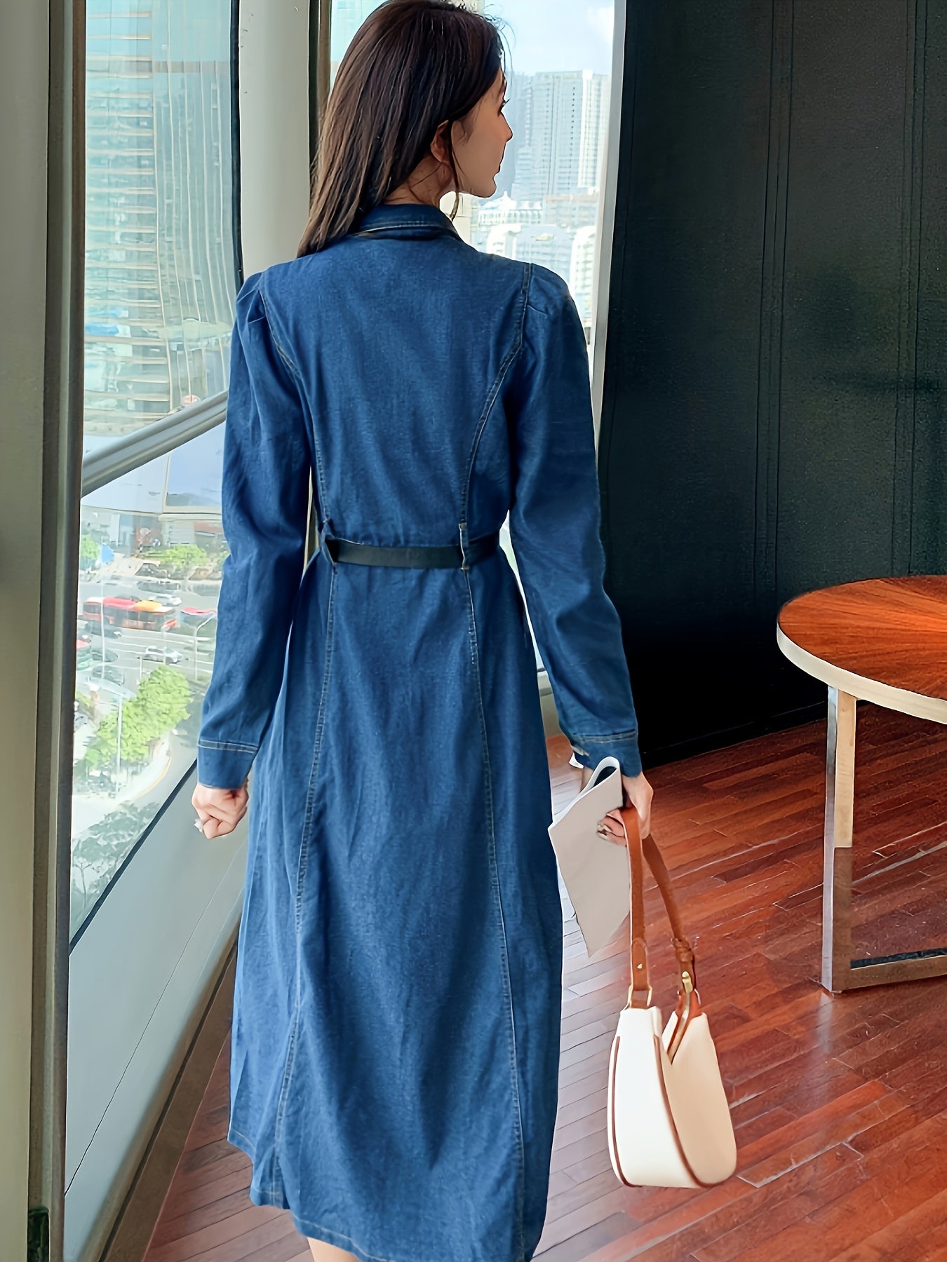 Turndown Collar Button Up Denim Dress, Long Sleeve Elegant Fitted Denim Dress With Flap Pocket, Women's Denim Clothing