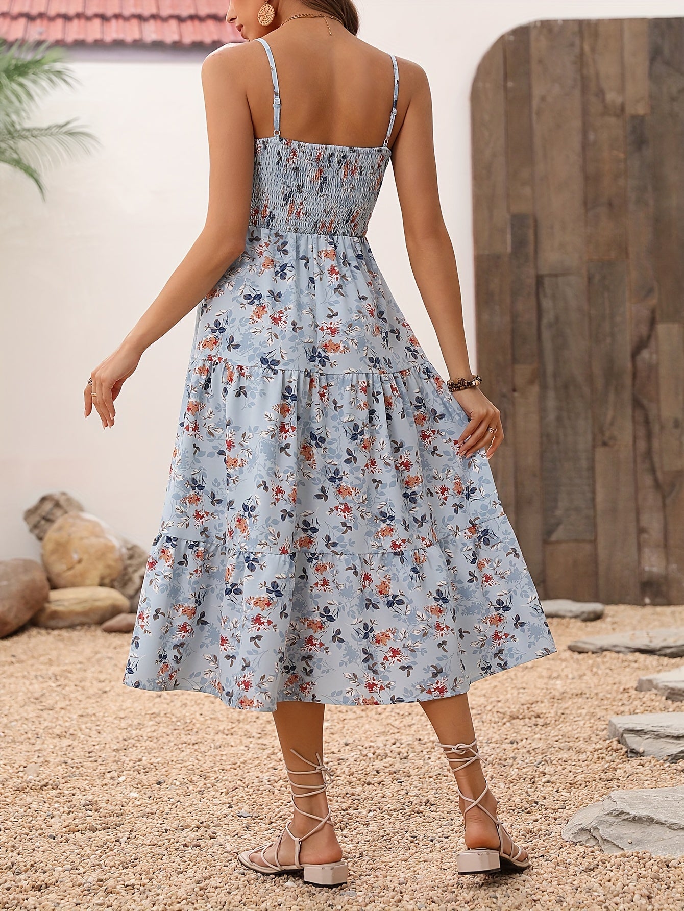 Flirty Floral Print Shirred Maxi Dress - Adjustable Spaghetti Straps, Lightweight Summer Wear for Beach Vacations - Feminine Elastic Shirring, Perfect Womens Casual Clothing for a Stylish Getaway