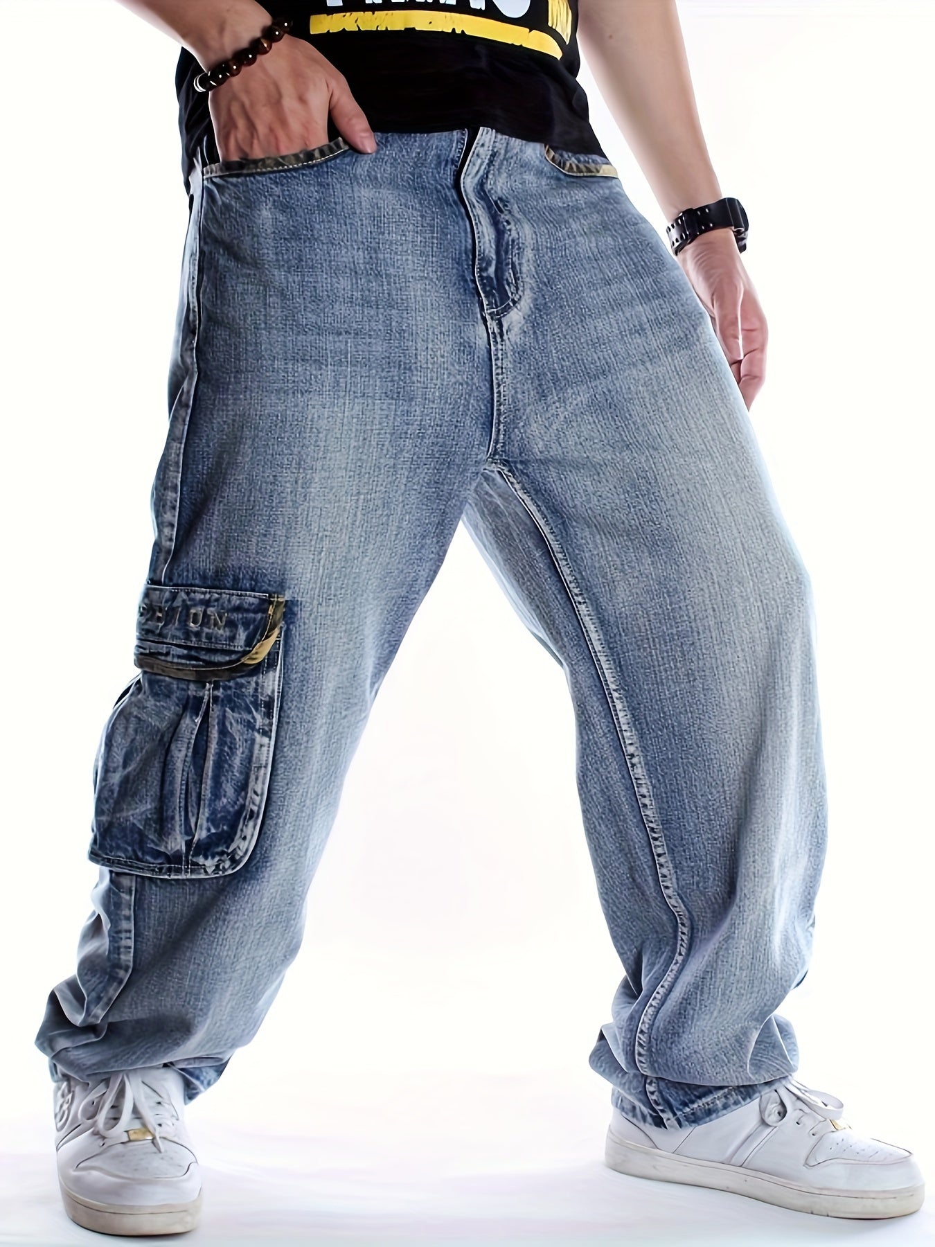 Plus Size Men's Fashionable Multi-Pocket Straight Leg Jeans - Stylish Street Dance and Skateboard Wear with Loose Fit, Round Neck, and Hip Hop Inspiration - Daily Wear for Casual Occasions