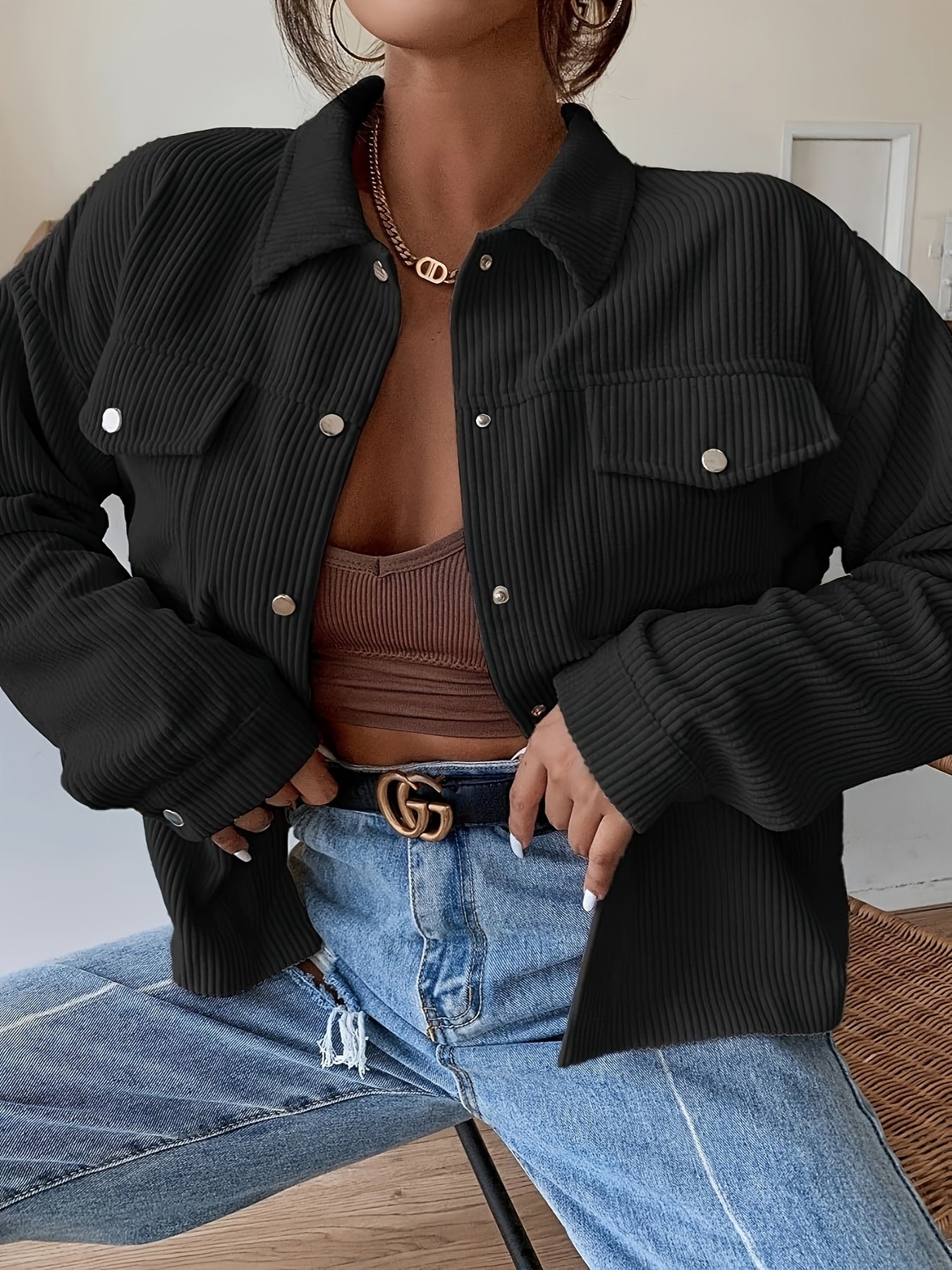 Stylish Corduroy Long Sleeve Button Front Jacket - Casual Jackets for Women with Elegant Design, Perfect for Spring and Fall Season - Soft, Comfortable, and Versatile Outerwear