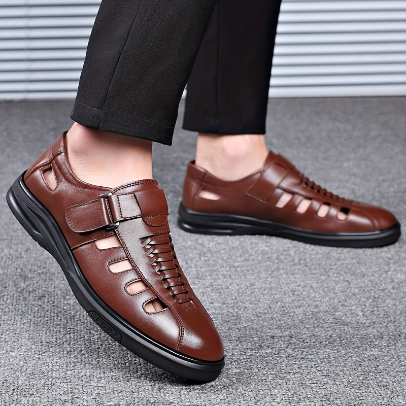 Mens Business Sandals - Timeless Solid Color Design, Classic Business Style, Hook & Loop Fastener, Ultra-Comfy, Slip-Resistant Rubber Sole, Durable - Ideal for Formal Events, Work, or Daily Wear