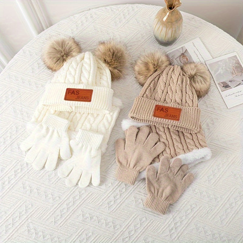 2pcs+1pair Winter Warm Double Fur Ball Knitted Hat, Neck Scarf And Gloves For Winter