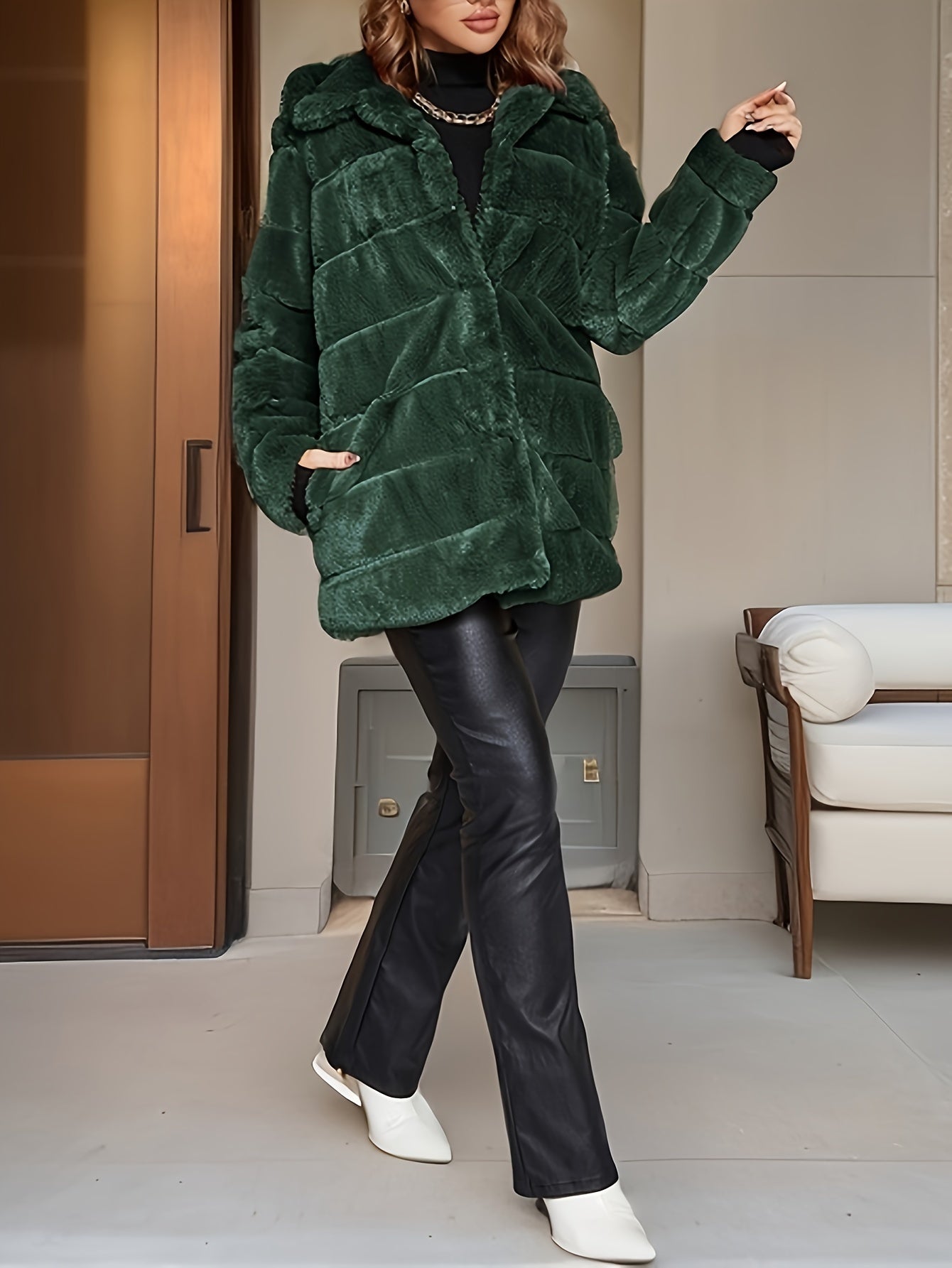 Solid Color Open Front Coat, Elegant Button Decor Baggy Long Sleeve Faux Fur Coat For Winter & Fall, Women's Clothing