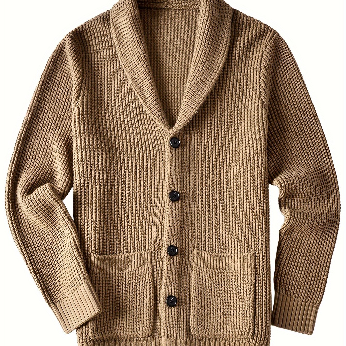 Mens Long Sleeve Green Shawl Collar Solid Color Acrylic Knit Cardigan Sweater with Pocket - Soft, Slight Stretch Fabric, Regular Fit, Placket Closure - Perfect for Fall and Winter Seasons