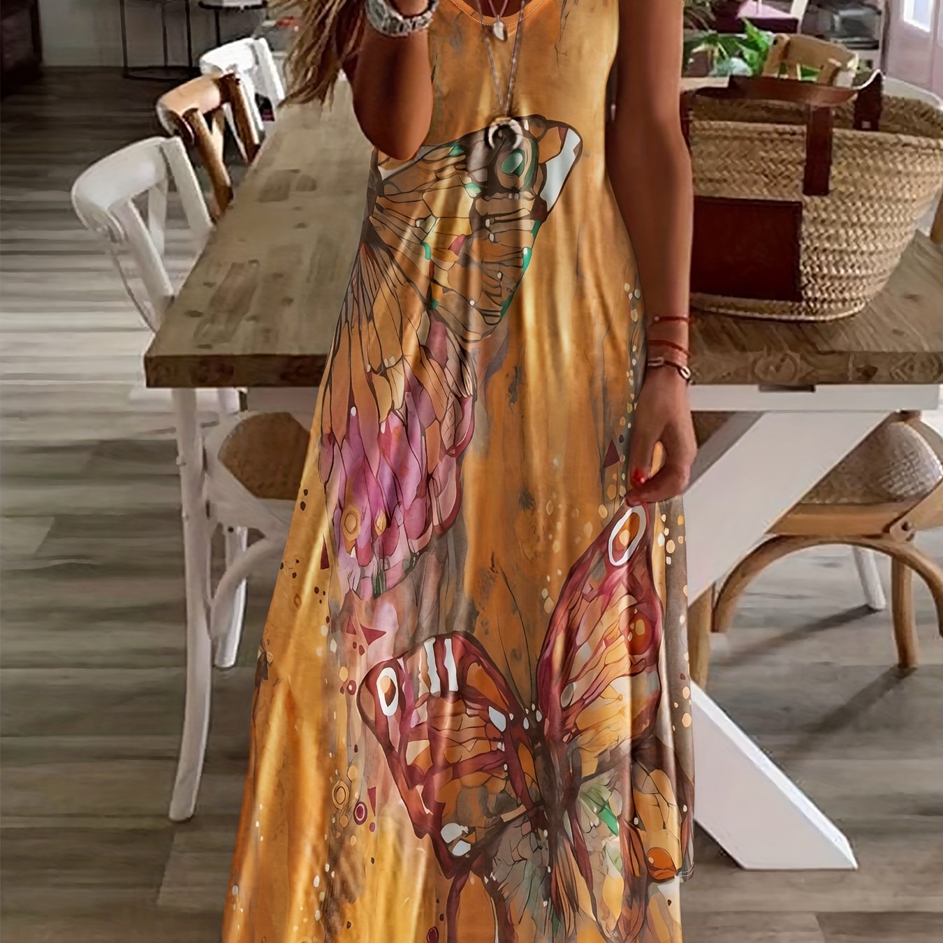 Butterfly Print V-Neck Casual Dress - Lightweight & Feminine for Spring & Summer - Short Sleeve, Comfortable Fit - Trendy Womens Clothing for Warm Weather