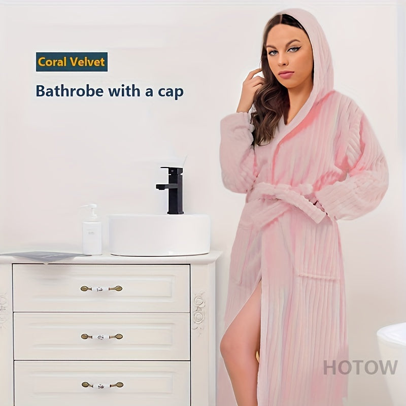 Super Soft Coral Velvet Hooded Bathrobe, Unisex Winter Warm Robe, Polyester & Polyamide Blend, Absorbent, Casual Knit Long Robe with Hood & Pockets, Machine Washable, Universal Space Theme, for Autumn & Winter - 350gsm Towel Fabric