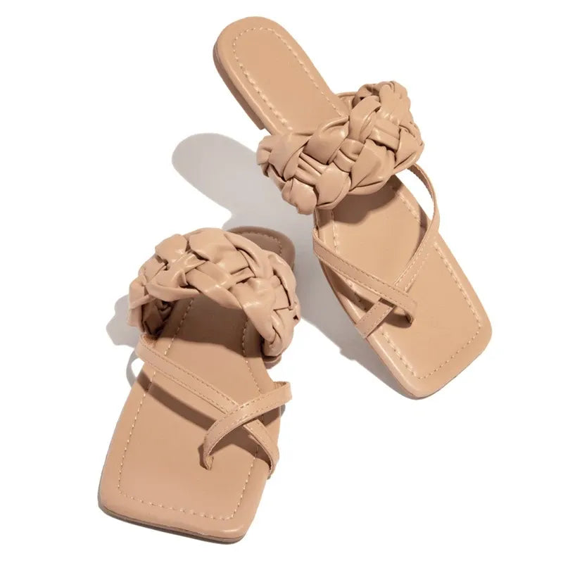 Slippers Women's Summer Sandals Casual Weave Sexy Outdoor Flip Flops Female Cross-tied Slides Flat Square Heel Plus Size 43