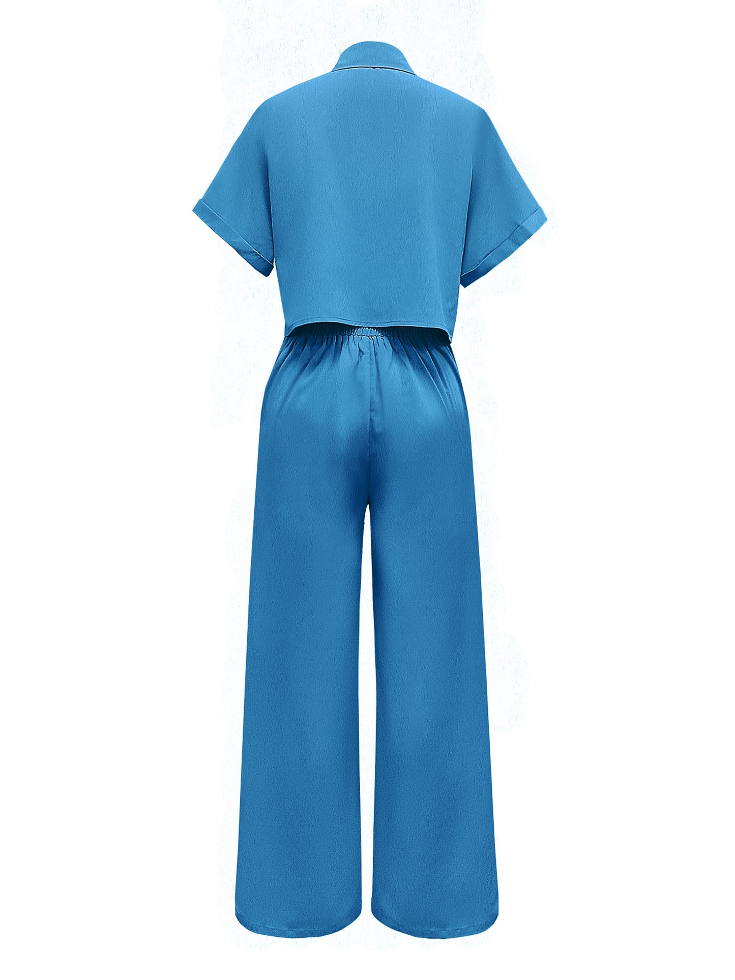 Two-Piece Solid Color Casual Outfit - Lapel Collar Short Sleeve Shirt and Pants Set - Polyester Woven Fabric, Spring/Summer Essential, No Elasticity, No Printing, and No Sheer