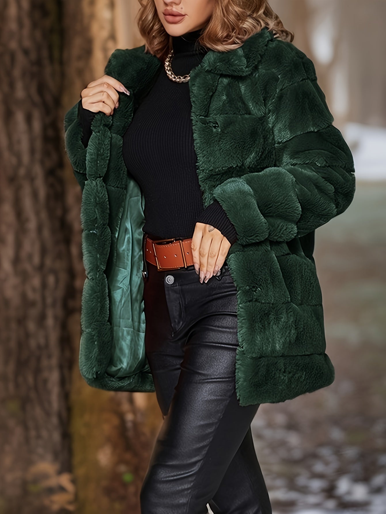 Solid Color Open Front Coat, Elegant Button Decor Baggy Long Sleeve Faux Fur Coat For Winter & Fall, Women's Clothing