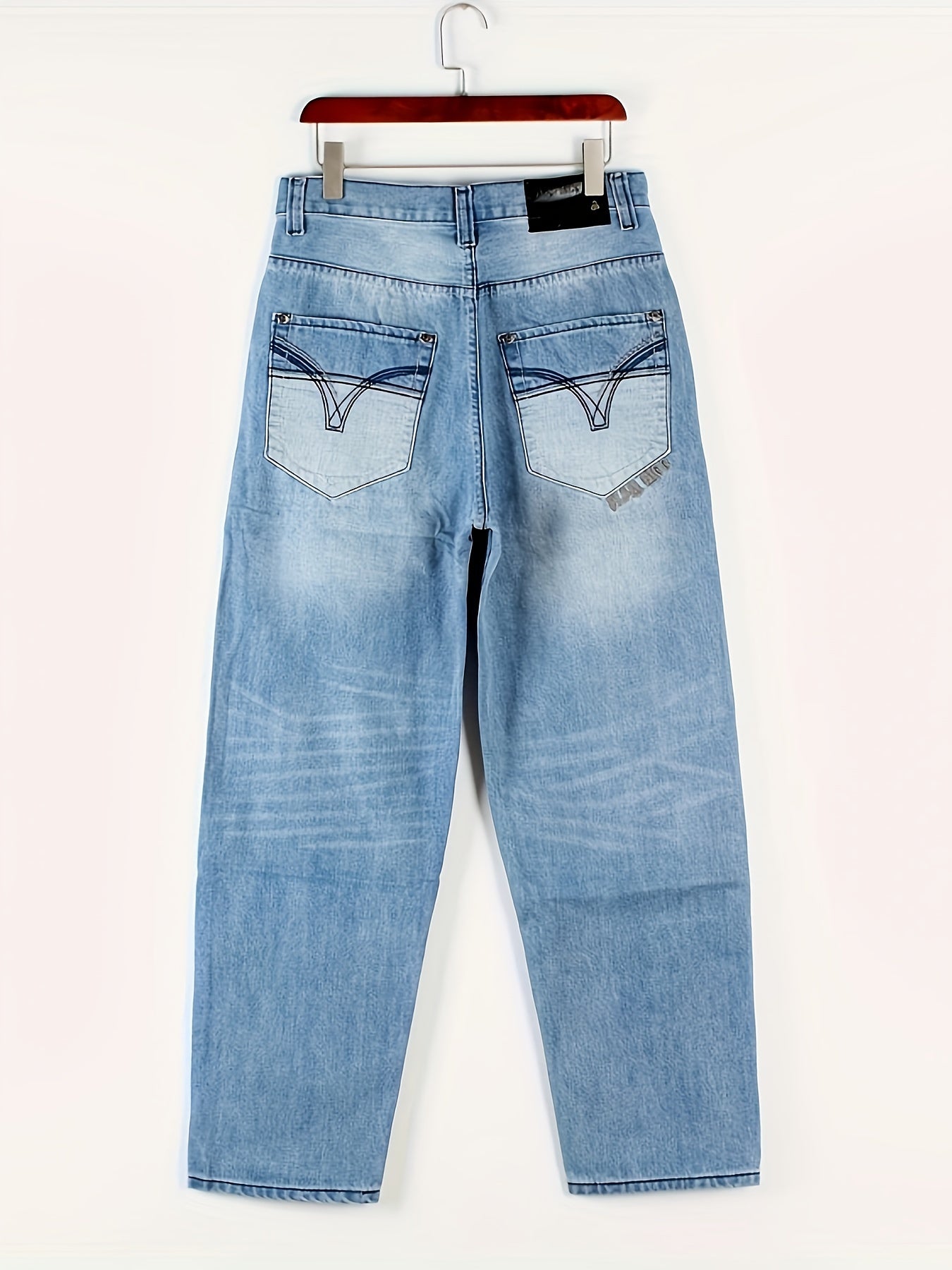 Men's Loose Solid Denim Trousers With Pockets, Causal Cotton Blend Jeans For Outdoor Activities