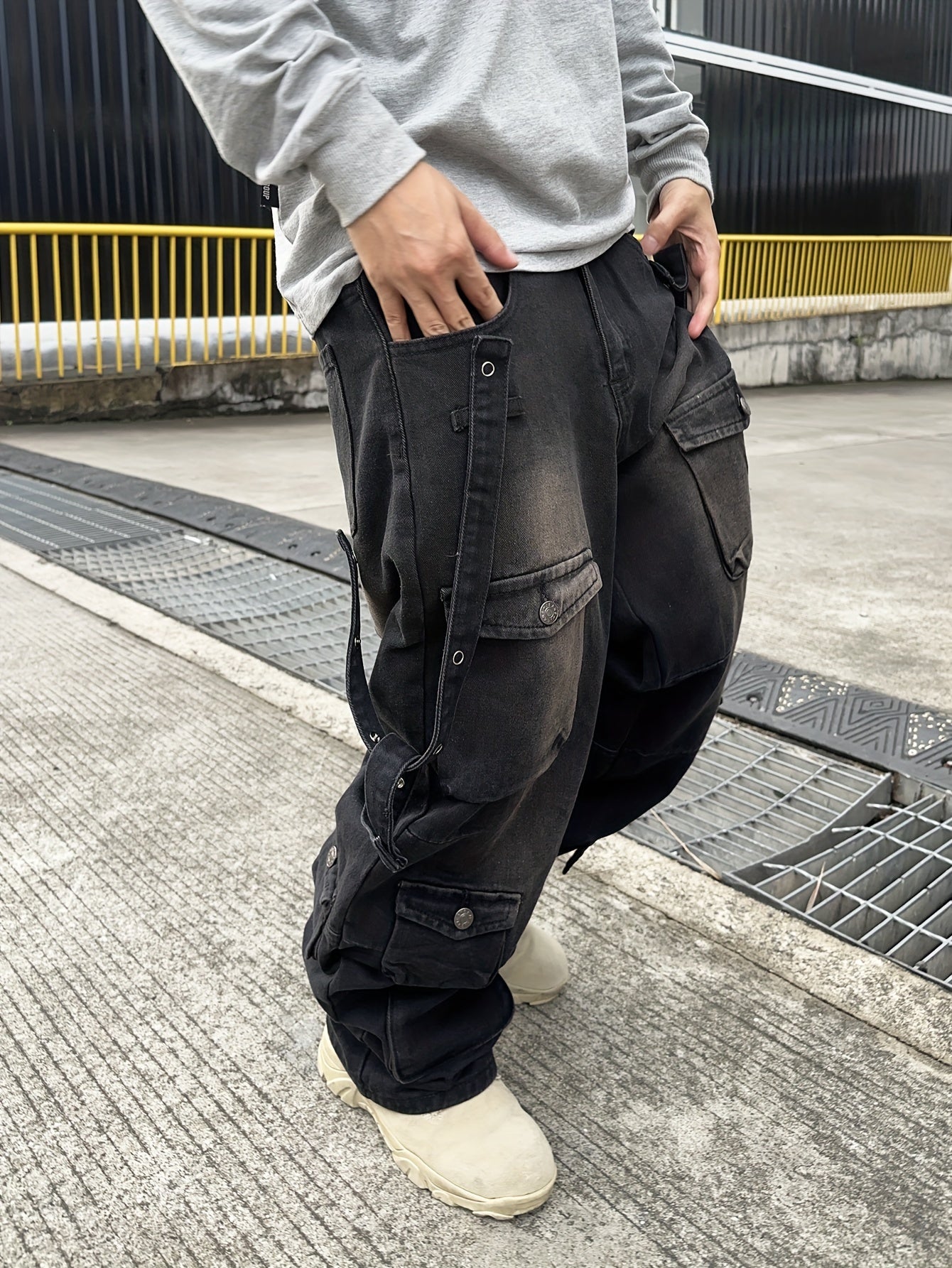 Men's Casual Loose Fit Cotton Denim Cargo Pants - All-Season Wear, Drawstring Waist