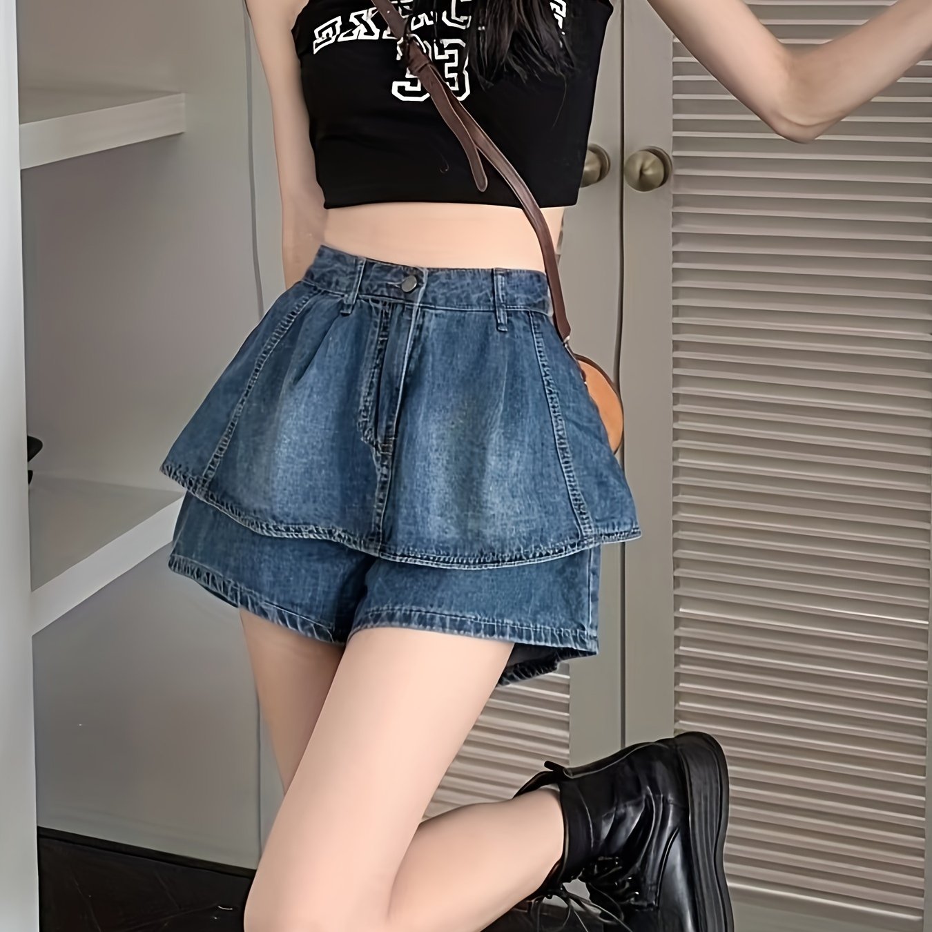 Vintage High Waist Flared Denim Skirted Shorts - Button Front, Slight Stretch, Brief Length, Solid Color, Machine Washable - Perfect for Spring, Summer, and Fall Seasons