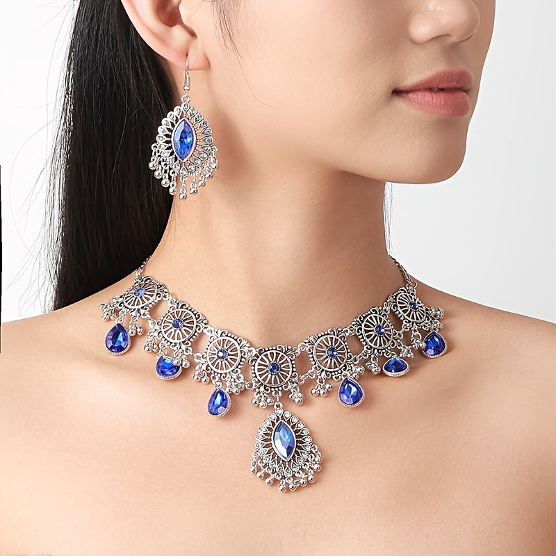 Enchanting Vintage Floral Gemstone Jewelry Set - Dazzling Dangle Earrings & Necklace - Premium Silver Plated, Ethnic Style - Perfect Womens Gift for Eid or Any Special Occasion