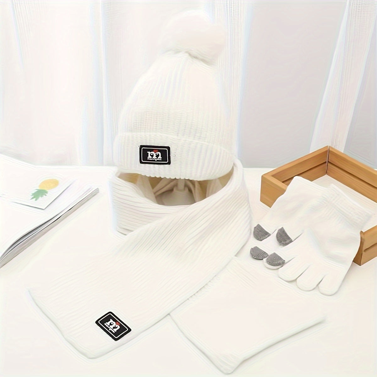 2pcs+1pair Children's Scarf & Hat & Gloves Set, Autumn And Winter Baby Warm Fleece Lined Gloves, Boys And Girls Knitted Hat
