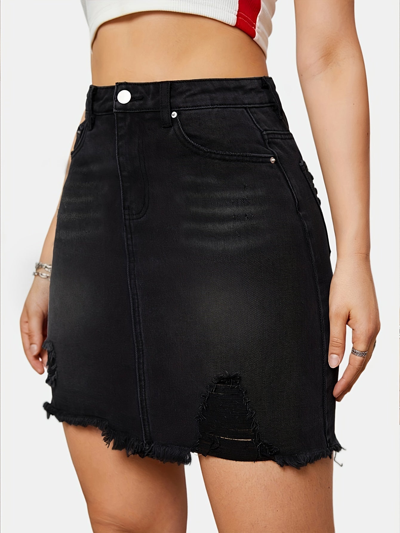 Medium Stretch High-Waist Ripped Denim Skirt - Casual Summer Fashion with Frayed Hem, Solid Black Color, Brief Length, and Hand Washable - Perfect for Slim Fit Women