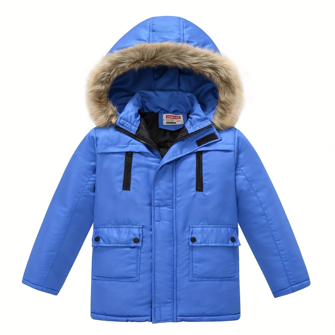 Teenagers Lapel Collar Winter Coat - Detachable Hood, Zipper Closure, Polyester Fabric, Regular Fit, Hand Washable - Solid Color, Casual Style, Woven Construction