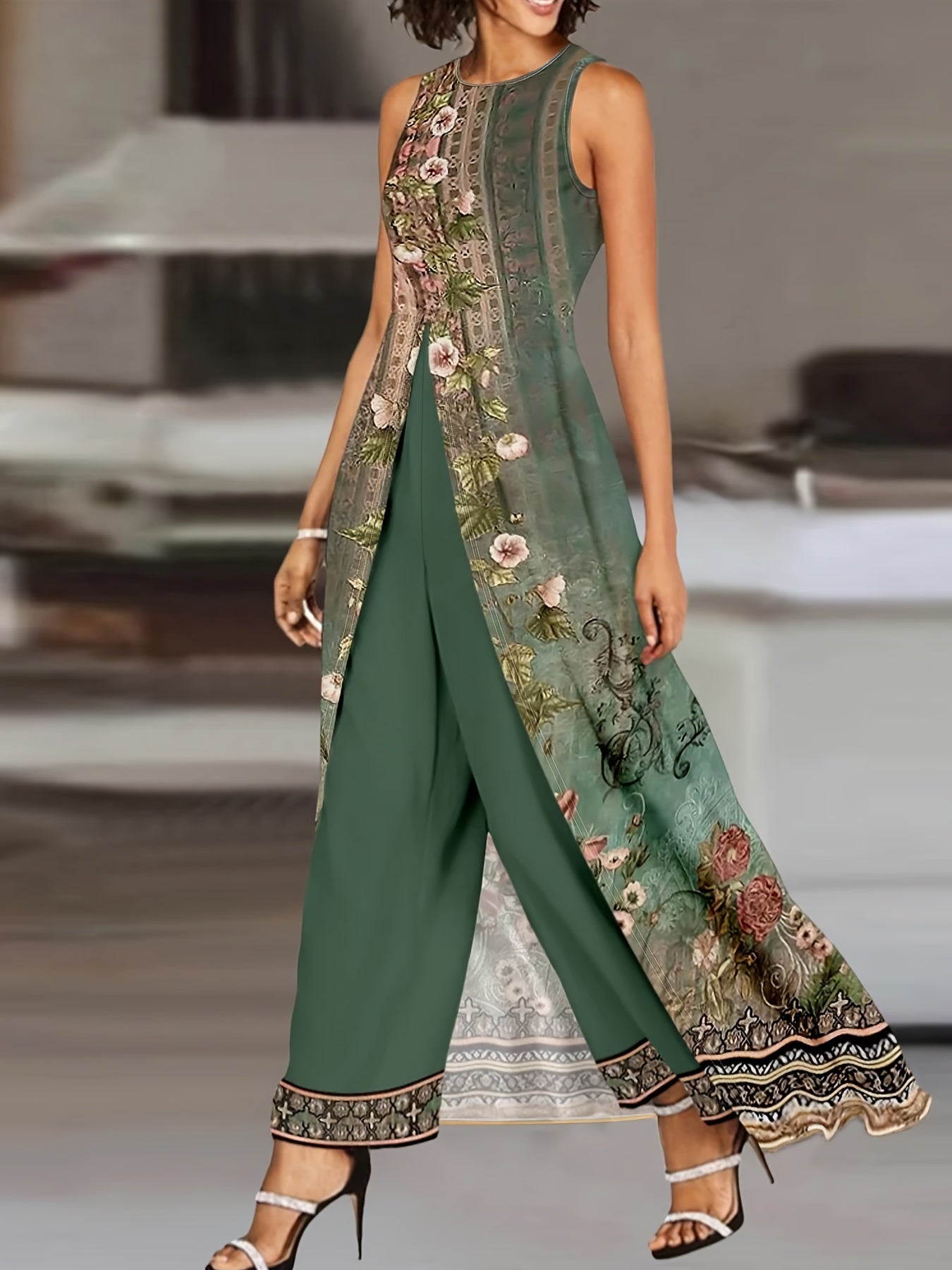 Trendy Tribal Print Womens Outfit Set - Floral Sleeveless Crew Neck Top with Split Front & Flowy Pants, Perfect Summer Vacation Wear for Stylish Ladies