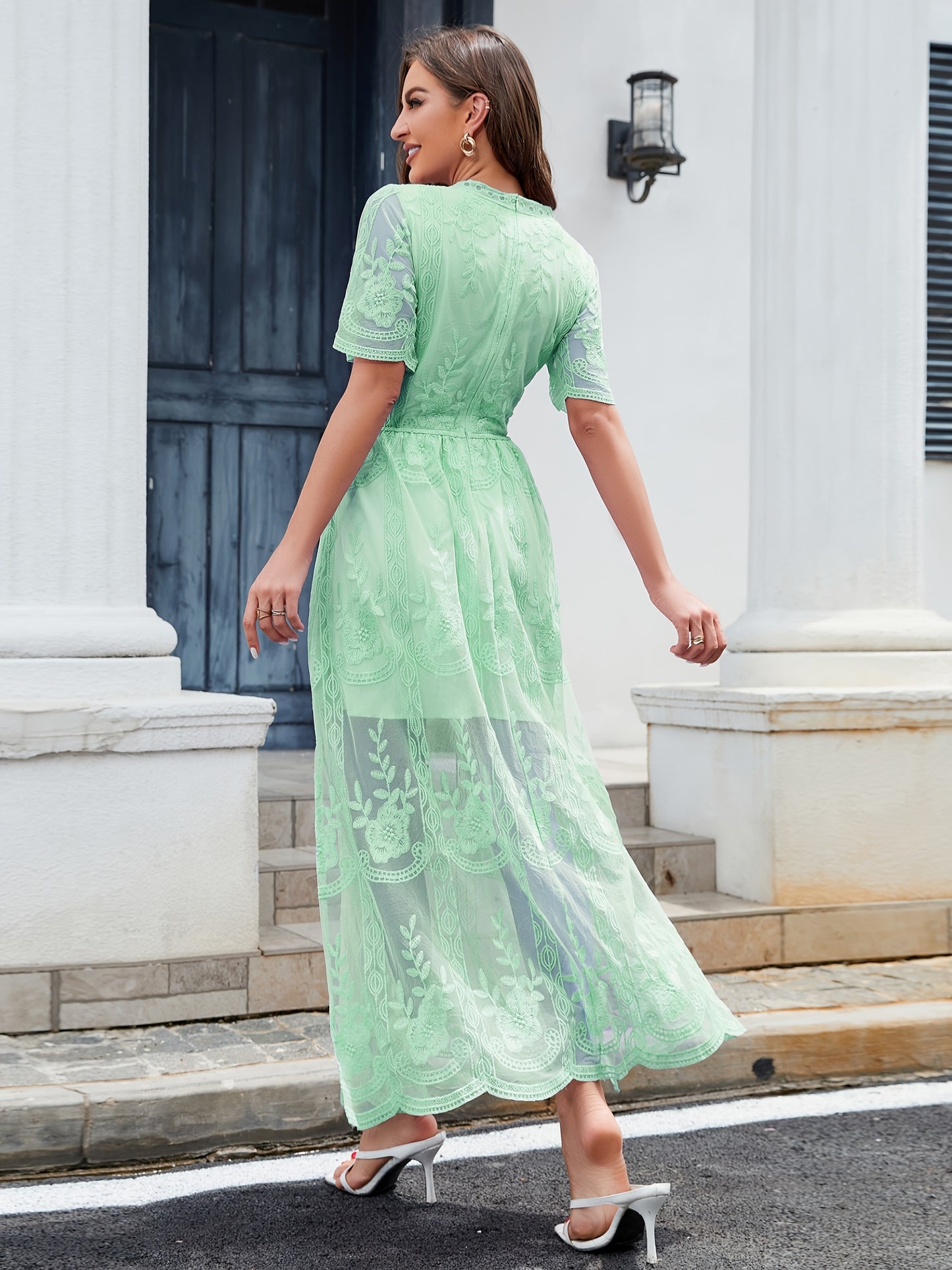 Romantic Lace Plunge Neck A-line Dress - Flirty Short Sleeves, Adjustable Split Hem for Spring & Summer Vacations - Womens Chic Casual Wear