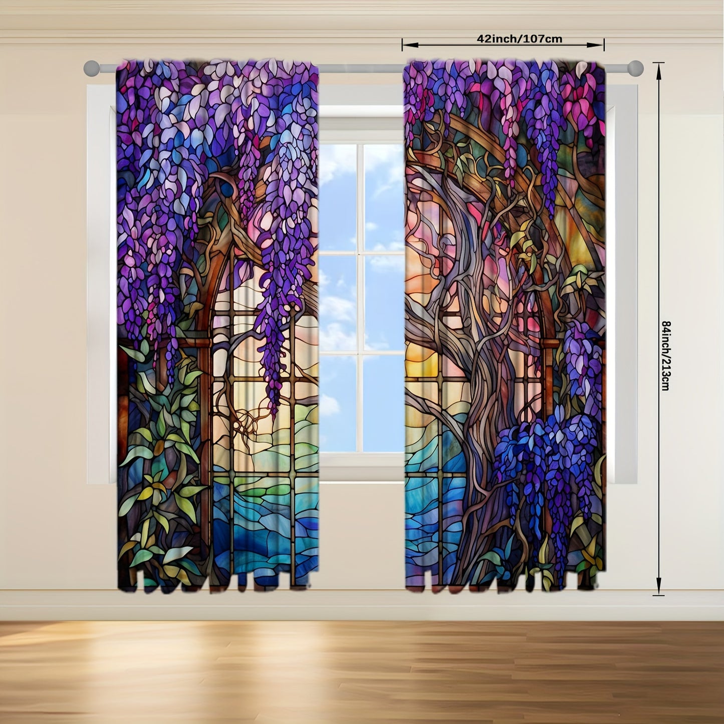2pcs Stained Glass Flower Wisteria Printed Curtain For Home Decor Rod Pocket Window Treatment For Bedroom, Office, Kitchen, Living Room, And Study