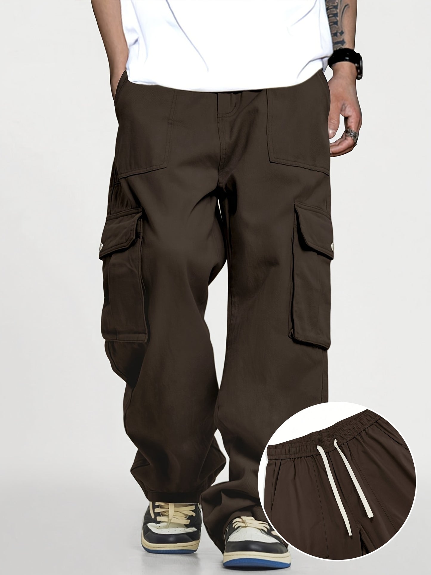 Mens Relaxed Cargo Pants - Comfort Drawstring, Trendy Solid Colors, Roomy Pockets for Casual Style