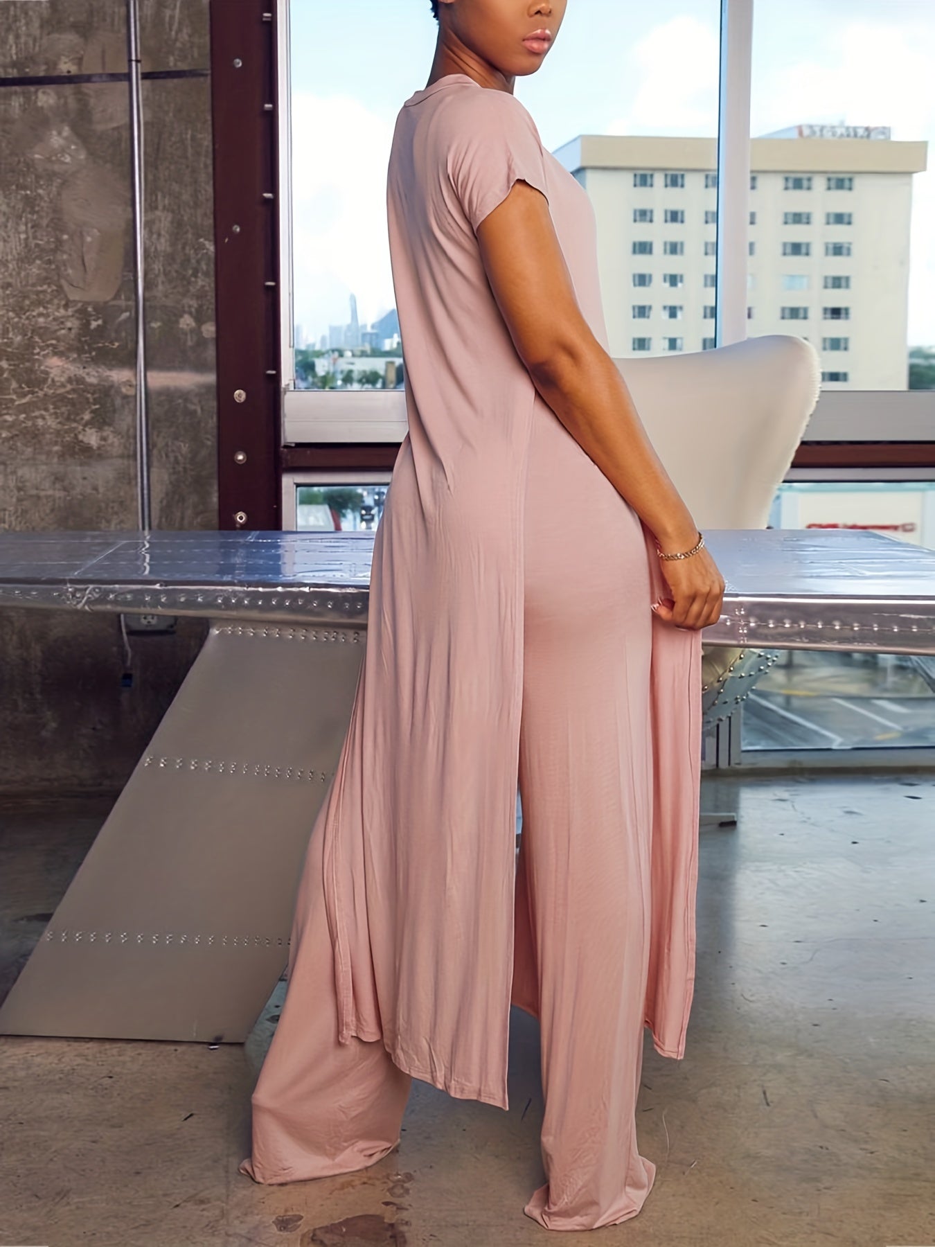 Two-Piece Casual Matching Set - Crew Neck Split T-Shirt & Wide Leg Pants Outfit with Micro Elasticity, Polyester Fabric, Solid Color, and Knit Construction for All Seasons