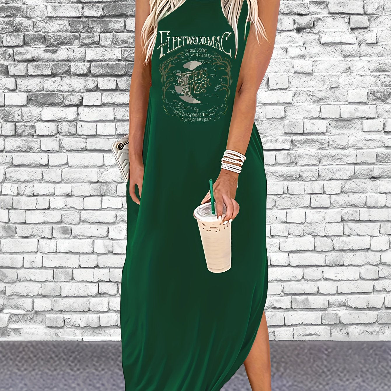 Fleet Wood Mac Print Sleeveless Tee Dress, Casual Tank Dress For Spring & Summer, Women's Clothing