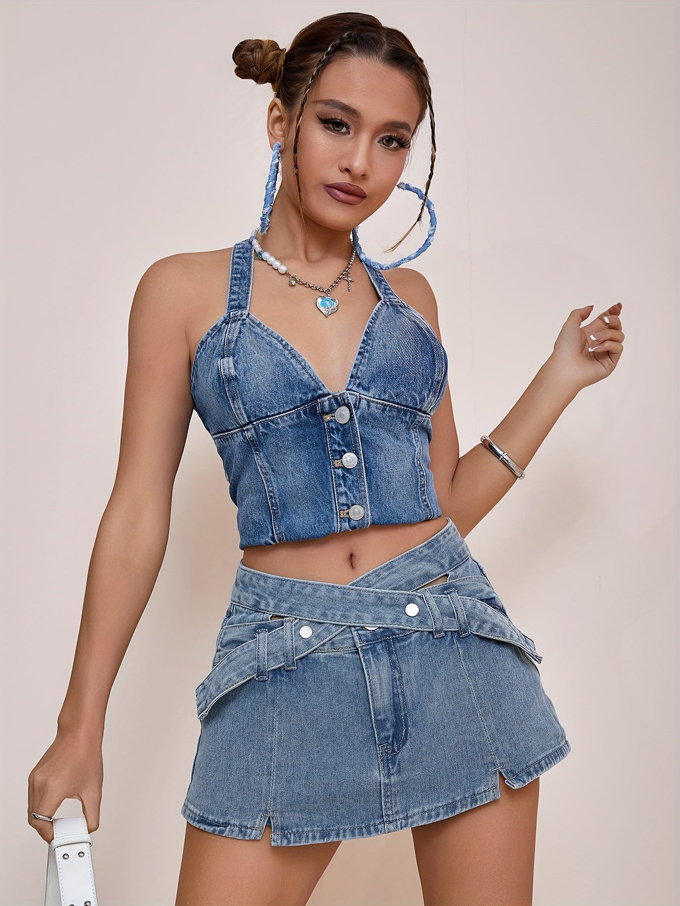 Mini Crisscross Belt Split Hem Denim Skirt - Stylish, Premium Denim, Vibrant Hot Washed Blue, Trendy Design, Comfortable, Chic - Womens Fashion Denim Jeans & Clothing