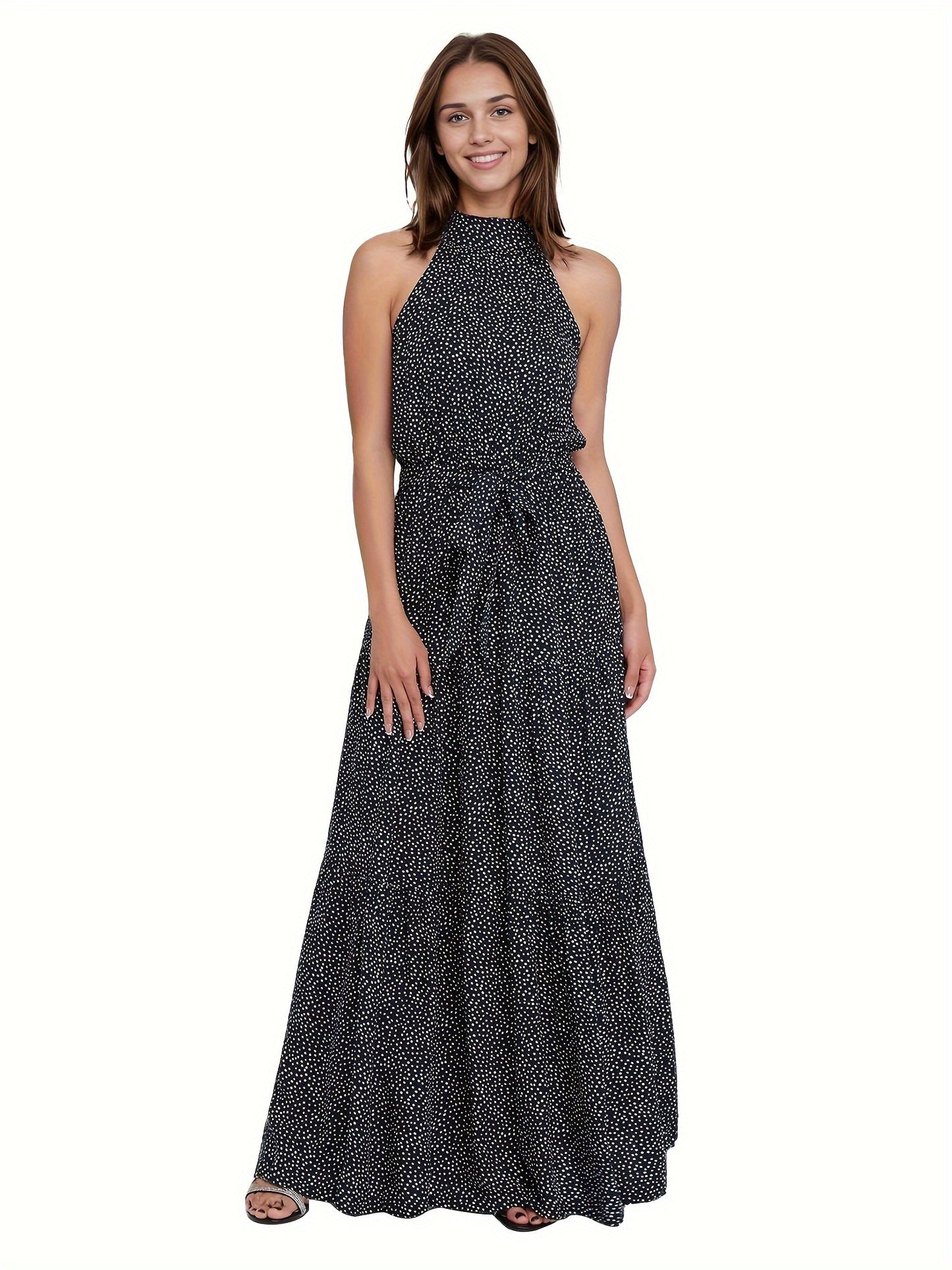 Polka Dot Halter Neck Maxi Dress, Elegant Sleeveless Belted Dress For Spring & Summer, Women's Clothing