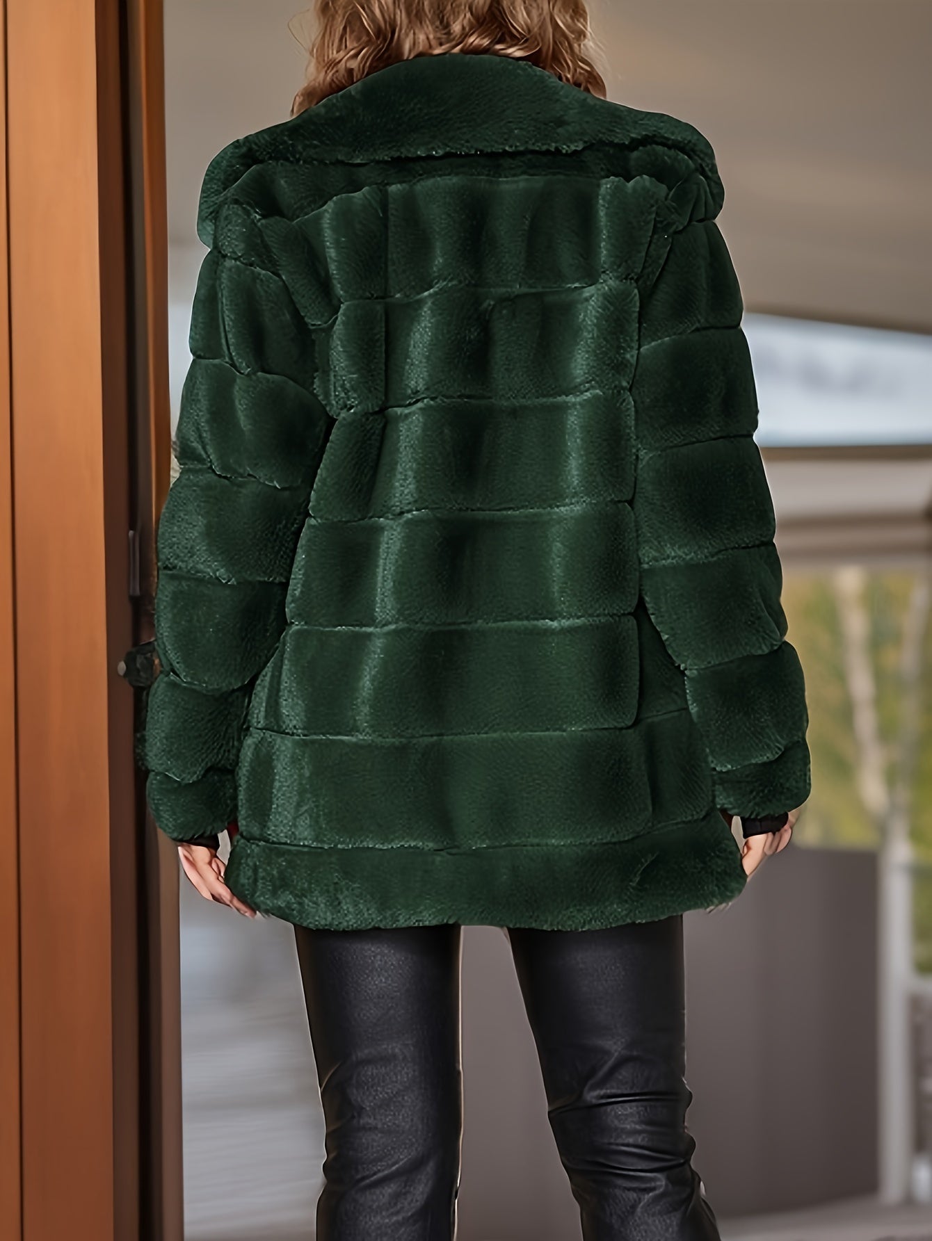 Solid Color Open Front Coat, Elegant Button Decor Baggy Long Sleeve Faux Fur Coat For Winter & Fall, Women's Clothing