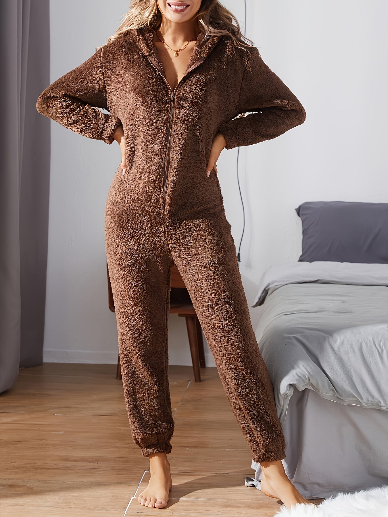 Solid Fuzzy Hooded Jumpsuit For Music Festival, Long Sleeve Zip Up Pajamas, Women's Sleepwear & Loungewear
