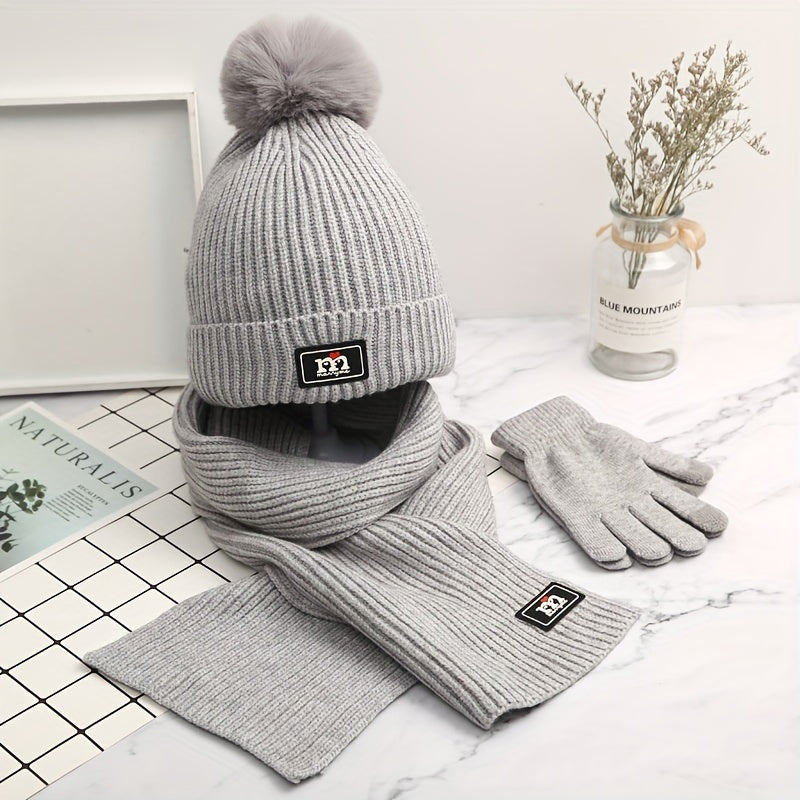 Winter Beanie Scarf Glove Set - 3 Piece Knitted Warm Accessories Kit, Elastic Polyester & Cotton Blend, Crafted Beanie with Pom Pom Detail, Cozy Knit Gloves - Unisex Cold Weather Gear