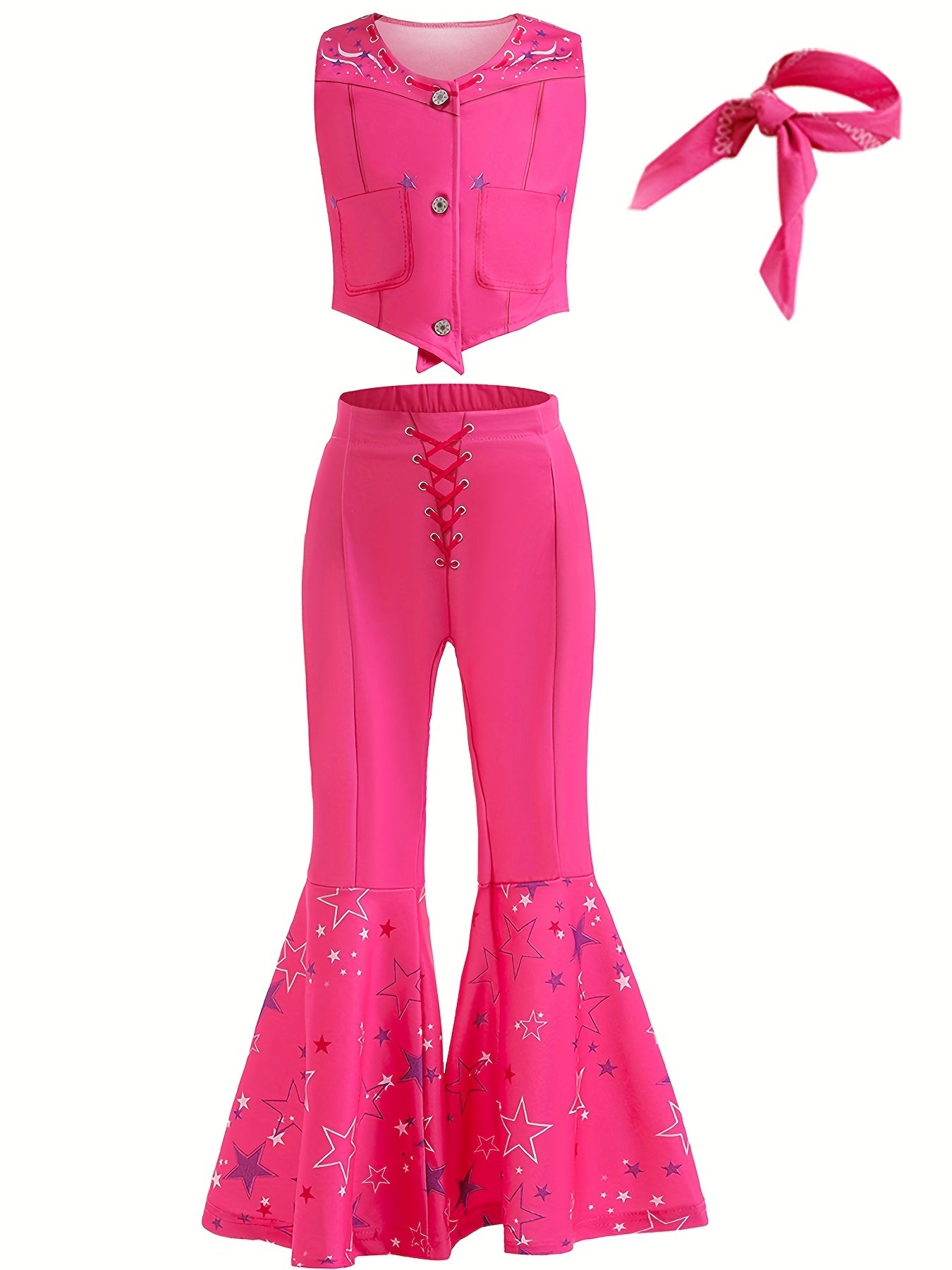 Kid's Movie Doll Cosplay Costume, Vest & Flared Pants & Accesssories, Girl's Cowgirl Dress Up Suit For Halloween Party