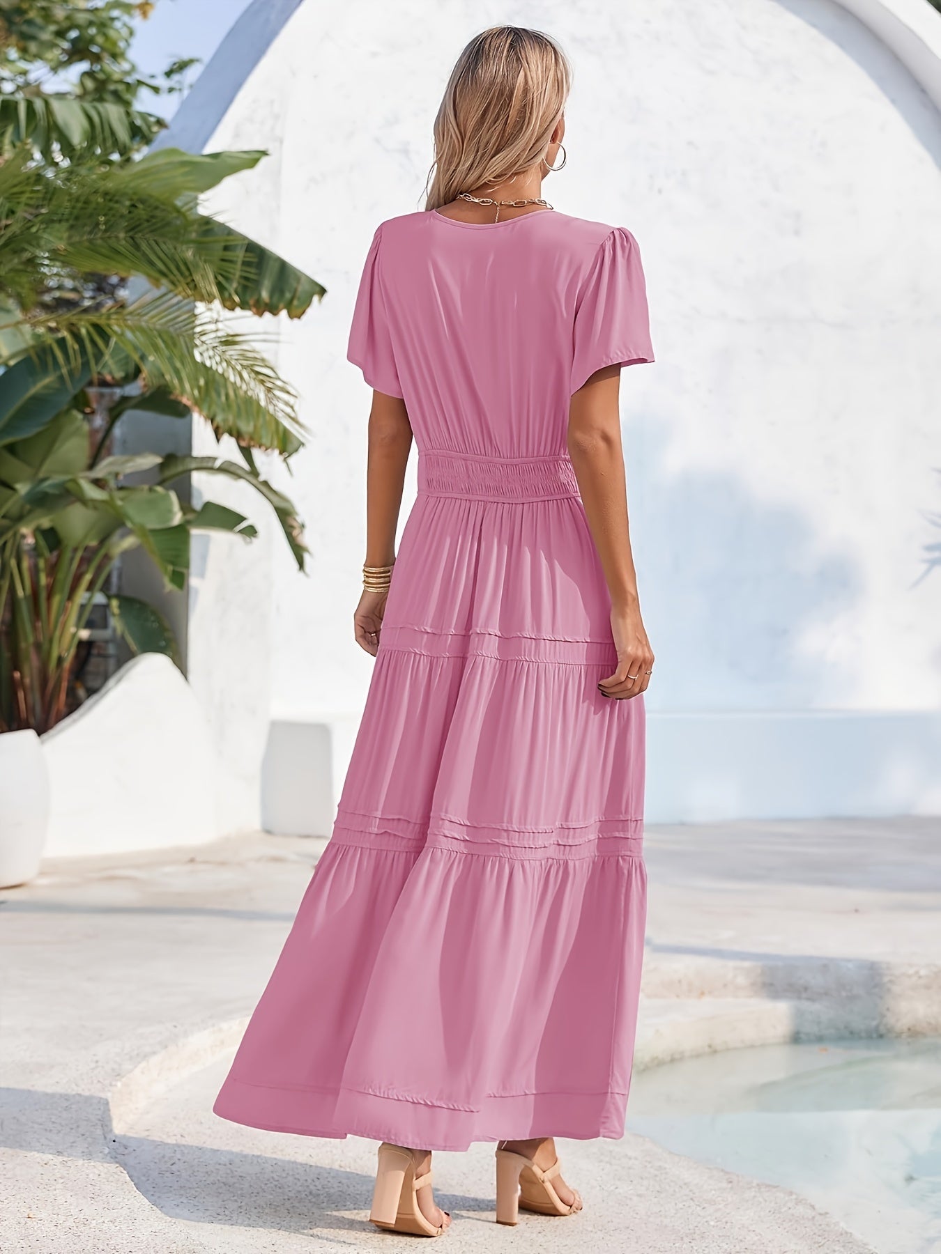 Solid Color V Neck Maxi Dress, Boho Short Sleeve Elastic Waist A Line Flowy Dress, Women's Clothing