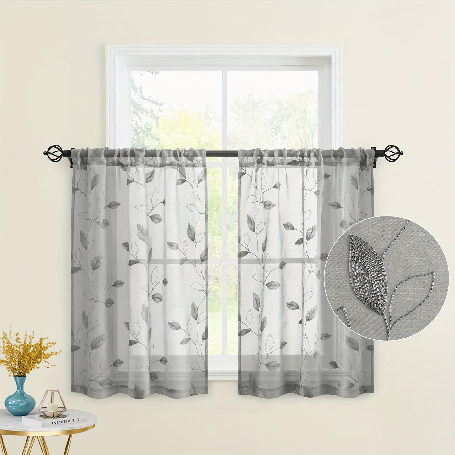 2pcs Sheer Curtains With Embroidery Leaf Pattern, Rod Pocket Faux Linen Floral Semi Curtains Voile Window Curtains Kitchen Curtains, Drapes for Bedroom Living Room