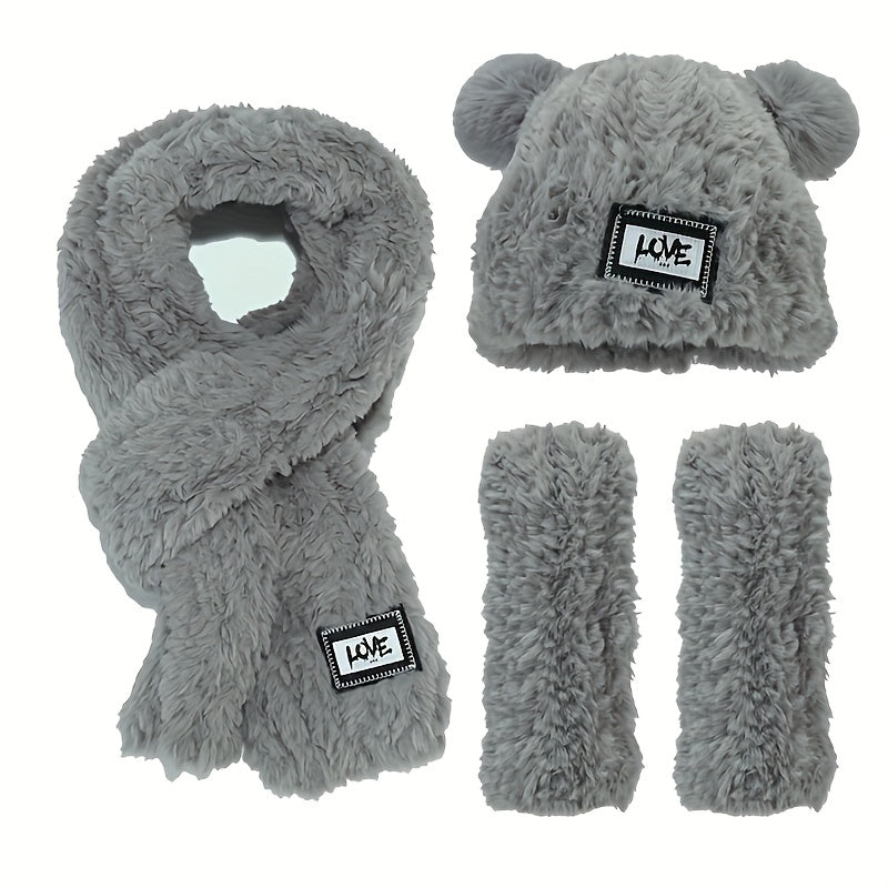 2pcs+1pair/set Labelled Lettering Double Balls Knit Hat & Scarf & Gloves For Autumn And Winter Outdoor, Ideal choice for Gifts