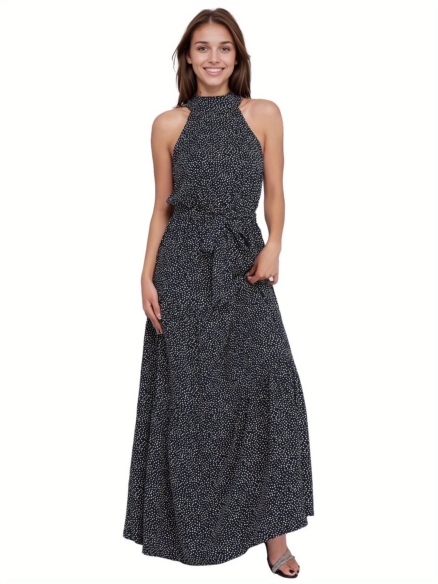 Polka Dot Halter Neck Maxi Dress, Elegant Sleeveless Belted Dress For Spring & Summer, Women's Clothing