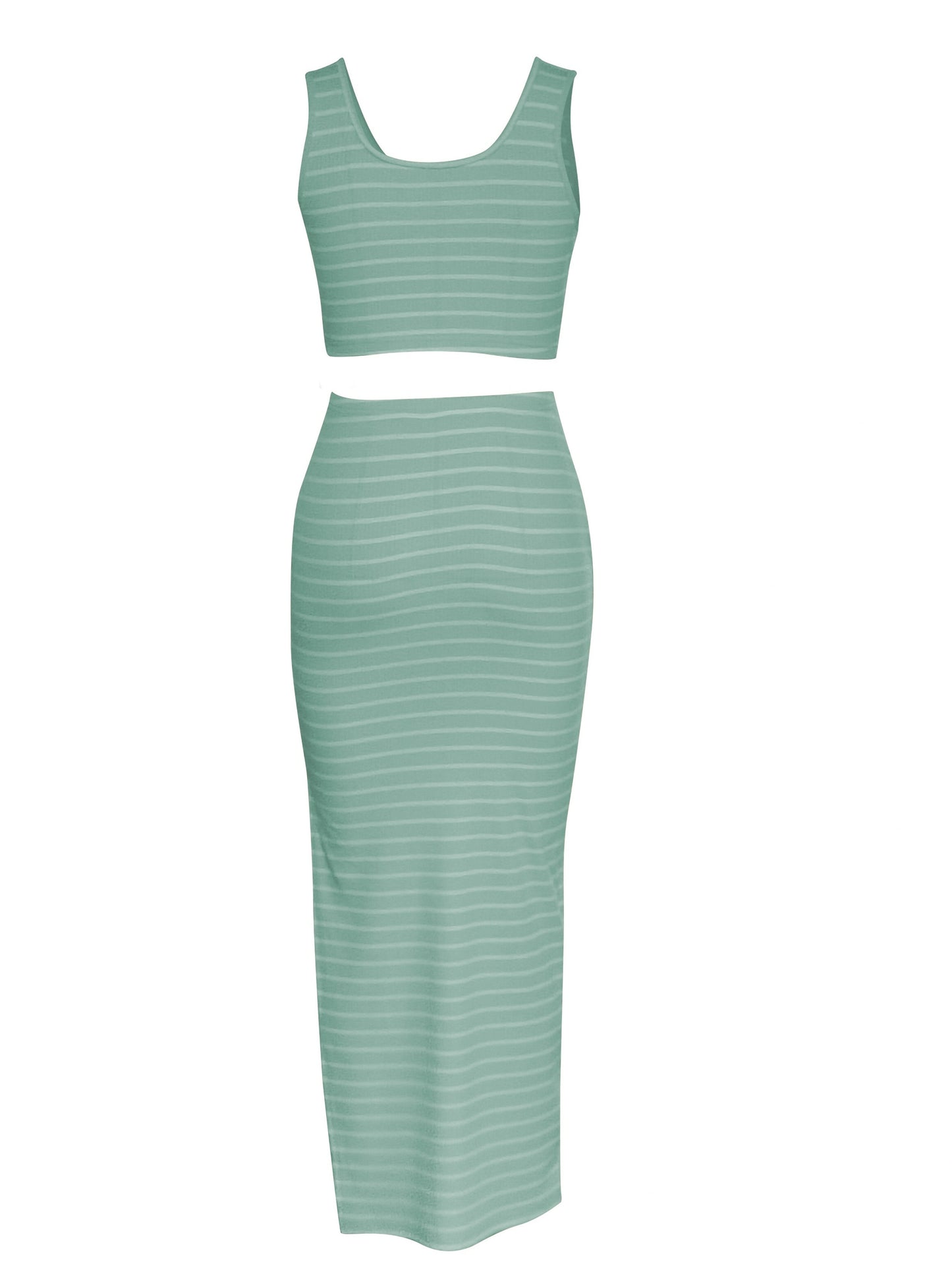 Two-Piece Chic Striped Print Set - Skirt Suits with Crew Neck Sleeveless Tank Top and Split High Waist Skirt Outfits, Elegant Women's Clothing for Everyday Wear