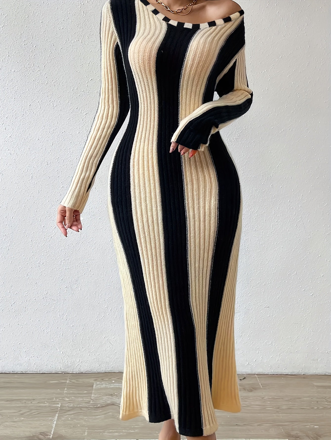 Elegant Striped Bodycon Dress | Fall/Winter Chic Long Sleeve Color Block - Rib-Knit, Crew Neck, Warm Acrylic Blend