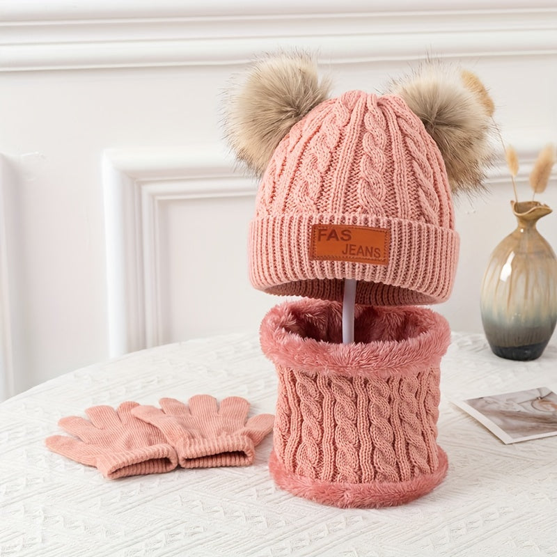 2pcs+1pair Winter Warm Double Fur Ball Knitted Hat, Neck Scarf And Gloves For Winter