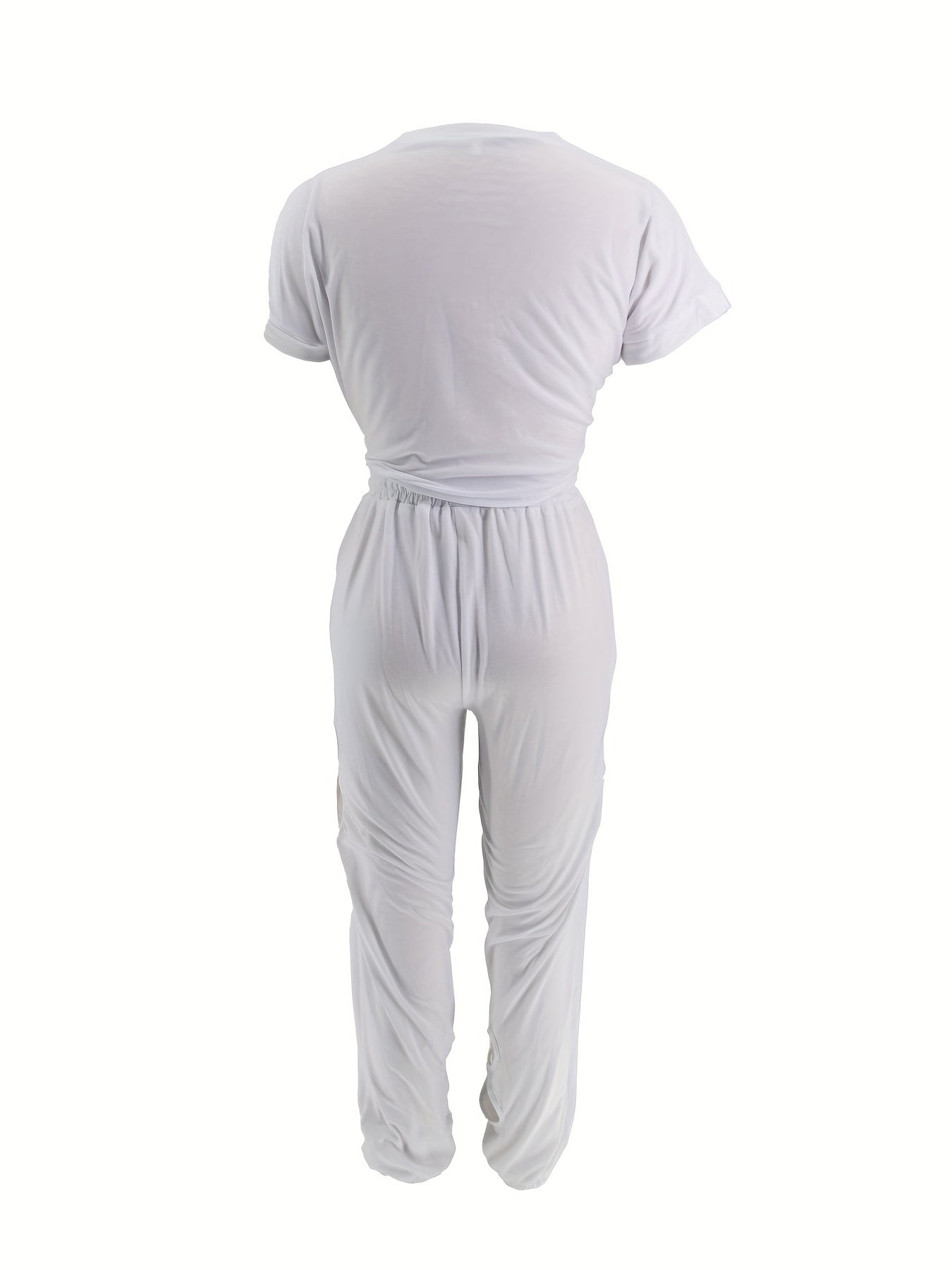 Two-Piece Chic Outfit Set - Short Sleeve Tie Front Tee, Cut Out Clover High Waist Pants, Comfortable, Breathable, Relaxed Fit, Women's Casual Clothing for Daily Wear