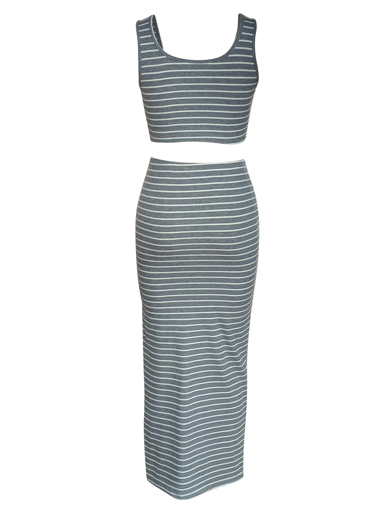 Two-Piece Chic Striped Print Set - Skirt Suits with Crew Neck Sleeveless Tank Top and Split High Waist Skirt Outfits, Elegant Women's Clothing for Everyday Wear