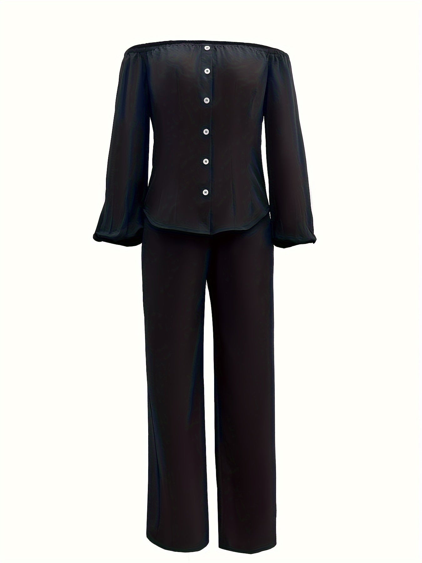 Chic Off-Shoulder Lantern Sleeve Top & Straight Leg Pants Set - Casual Elegance for Modern Women