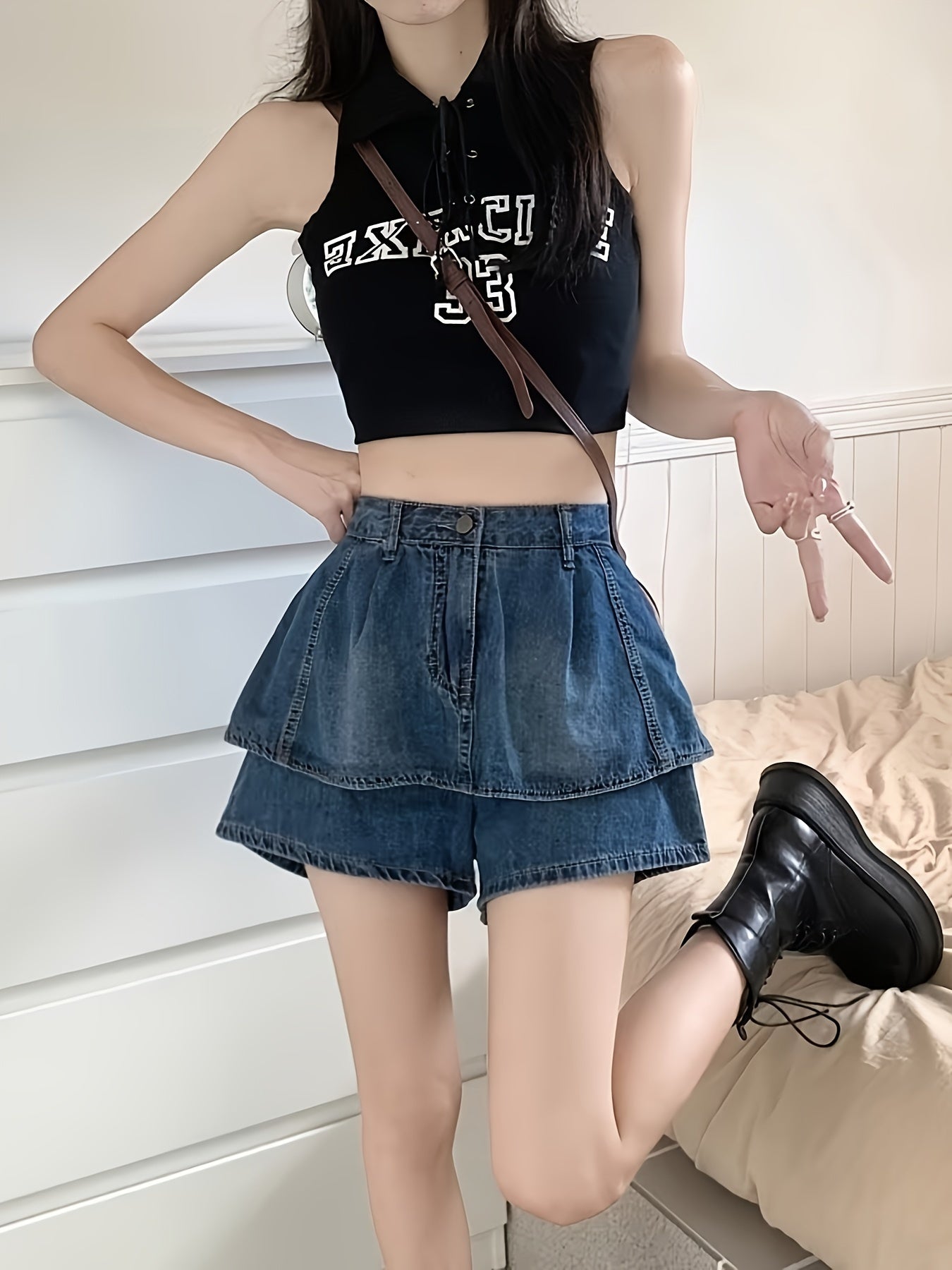 Vintage High Waist Flared Denim Skirted Shorts - Button Front, Slight Stretch, Brief Length, Solid Color, Machine Washable - Perfect for Spring, Summer, and Fall Seasons