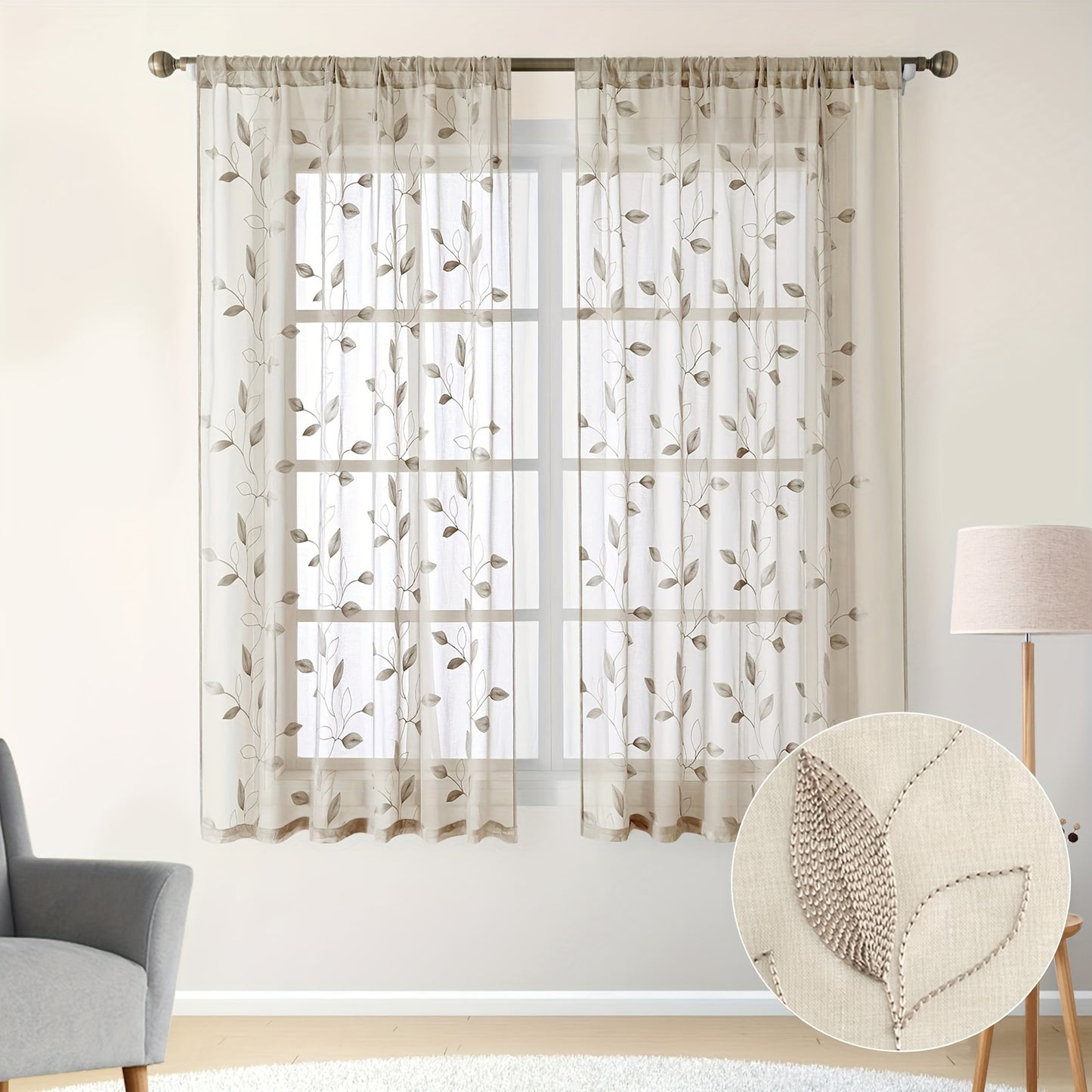 2pcs Sheer Curtains With Embroidery Leaf Pattern, Rod Pocket Faux Linen Floral Semi Curtains Voile Window Curtains Kitchen Curtains, Drapes for Bedroom Living Room
