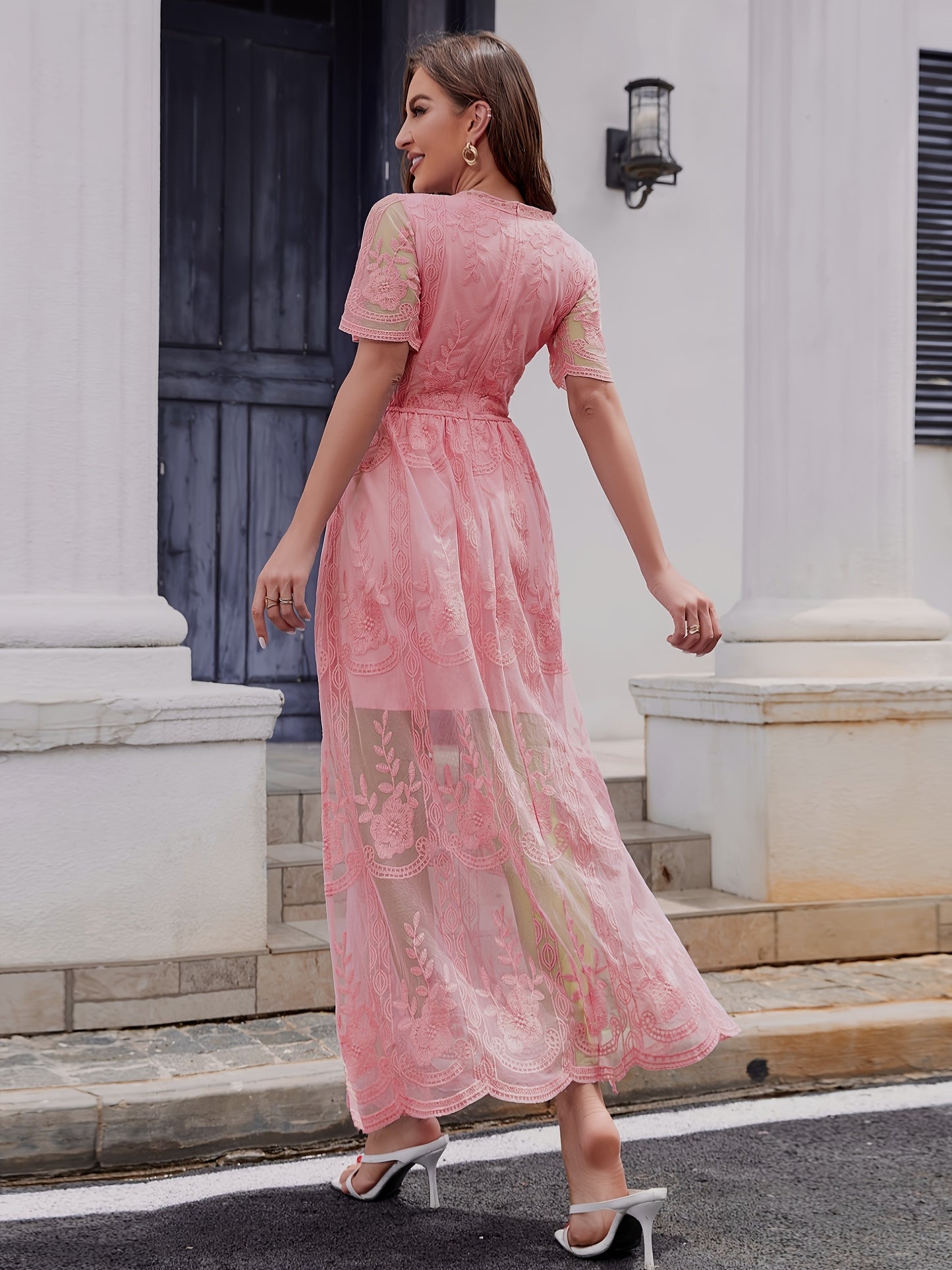 Romantic Lace Plunge Neck A-line Dress - Flirty Short Sleeves, Adjustable Split Hem for Spring & Summer Vacations - Womens Chic Casual Wear