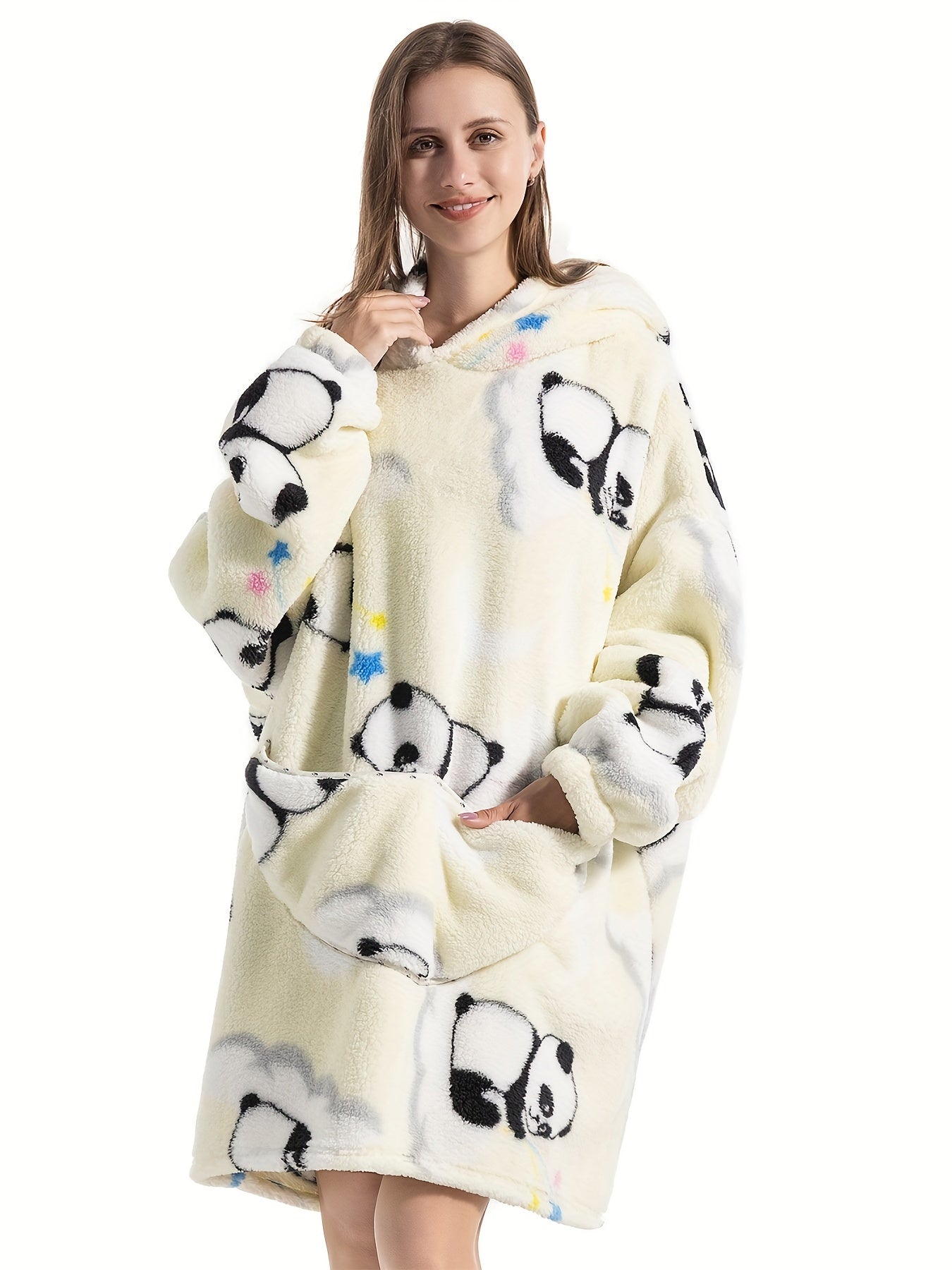 Plus Size Cute Lounge Robe, Women's Plus Panda Pattern Flannel Ultra Soft Oversized Fleece Hooded Fluffy Wearable Blanket With Pockets