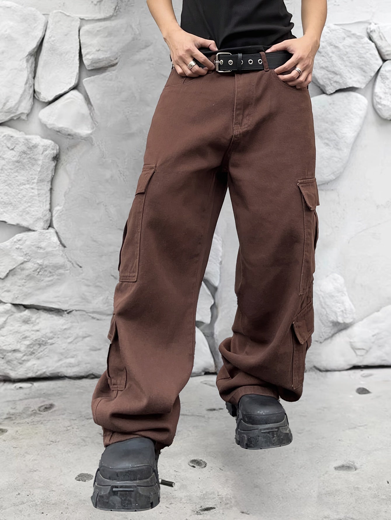 Street Style Solid Wide Leg Cargo Denim Pants For Men, Leisure Trendy Jeans For Males