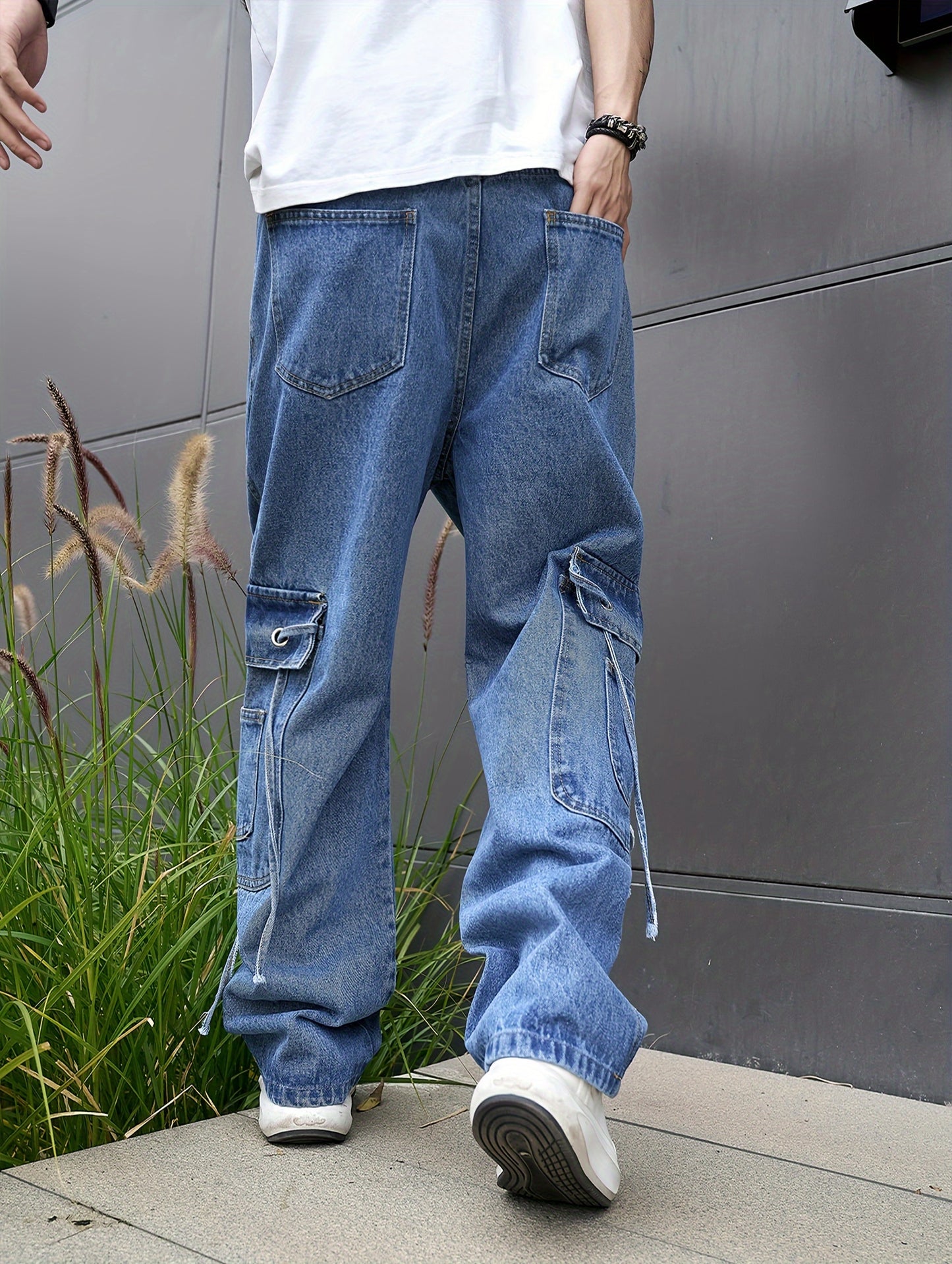Mens Casual Loose Cargo Jeans - Solid Cotton Blend with Adjustable Drawstring & Multiple Pockets - All Seasons, Rugged for Outdoor, Leisure, and Work Wear
